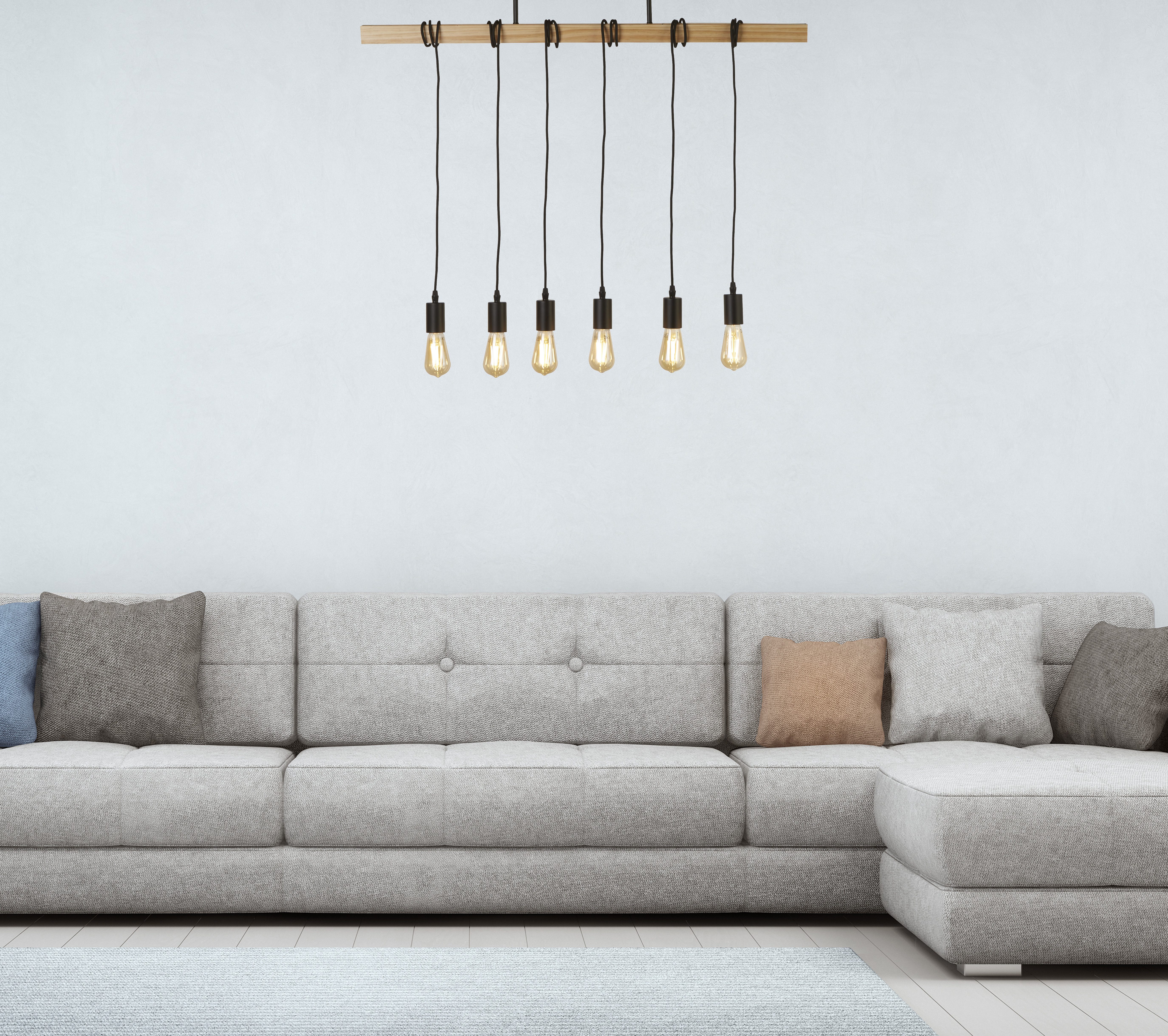 Searchlight Pendelleuchte Woody 6Lt Pendelleuchte - Naturholz & Schwarzes Metall, ohne Leuchtmittel