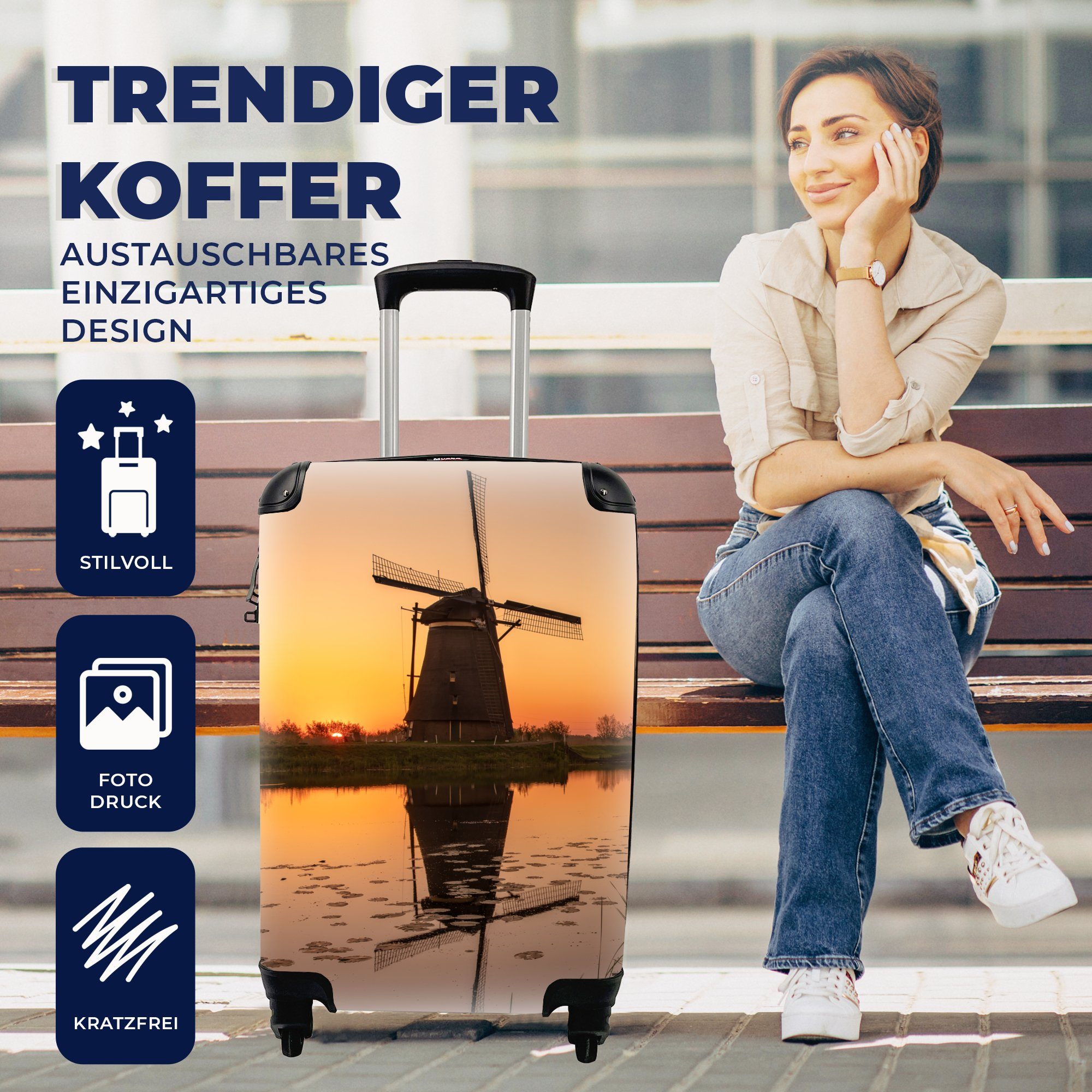 4 Reisetasche Trolley, - Mühle Ferien, Handgepäck Rollen, Horizont Handgepäckkoffer Reisekoffer MuchoWow rollen, für mit - Holland,