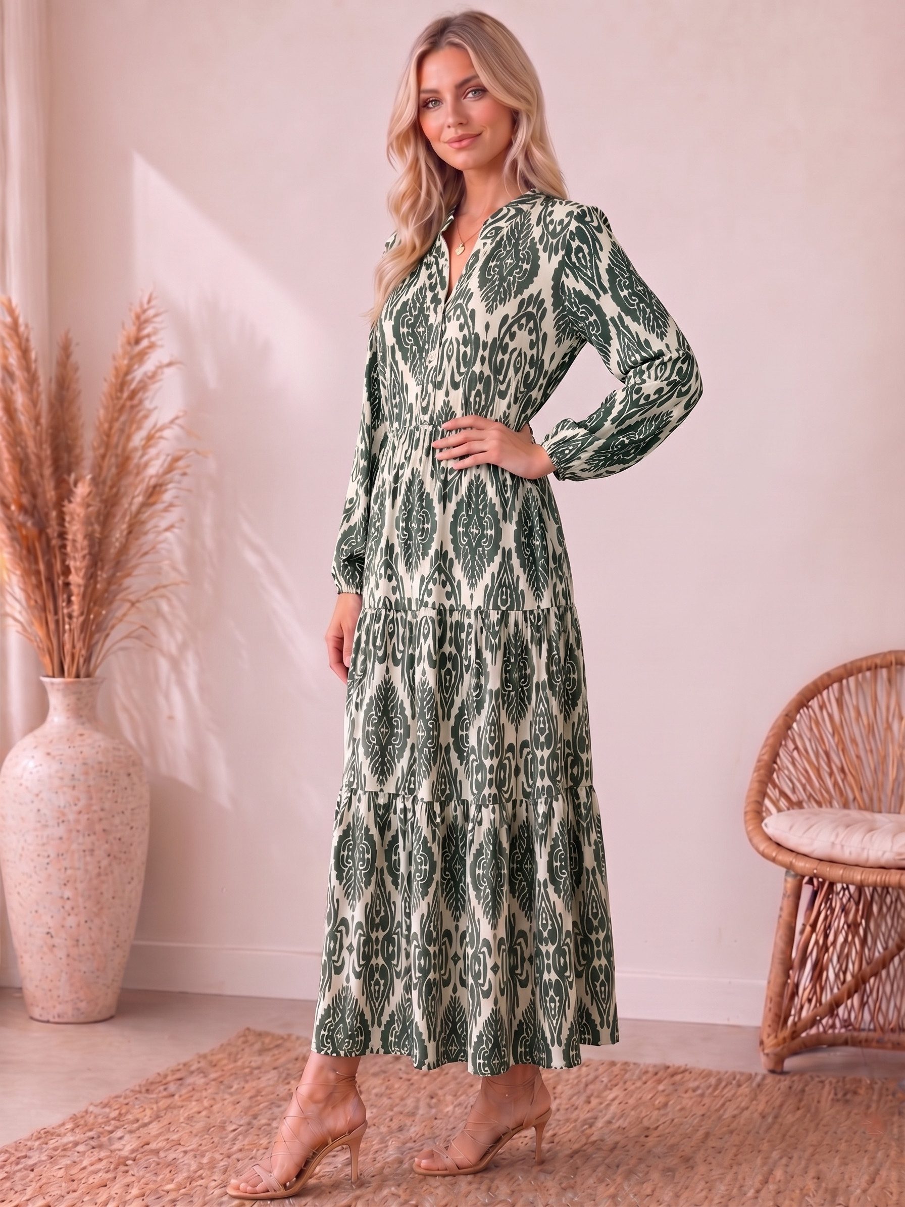 Kendindza Collection Maxikleid Sommerkleid Damen Lang Viskose Elegantes Sommer Kleid lang Maxi Kleid Ikat-Print Knopfleiste & Schnurbund, Luftig Leicht