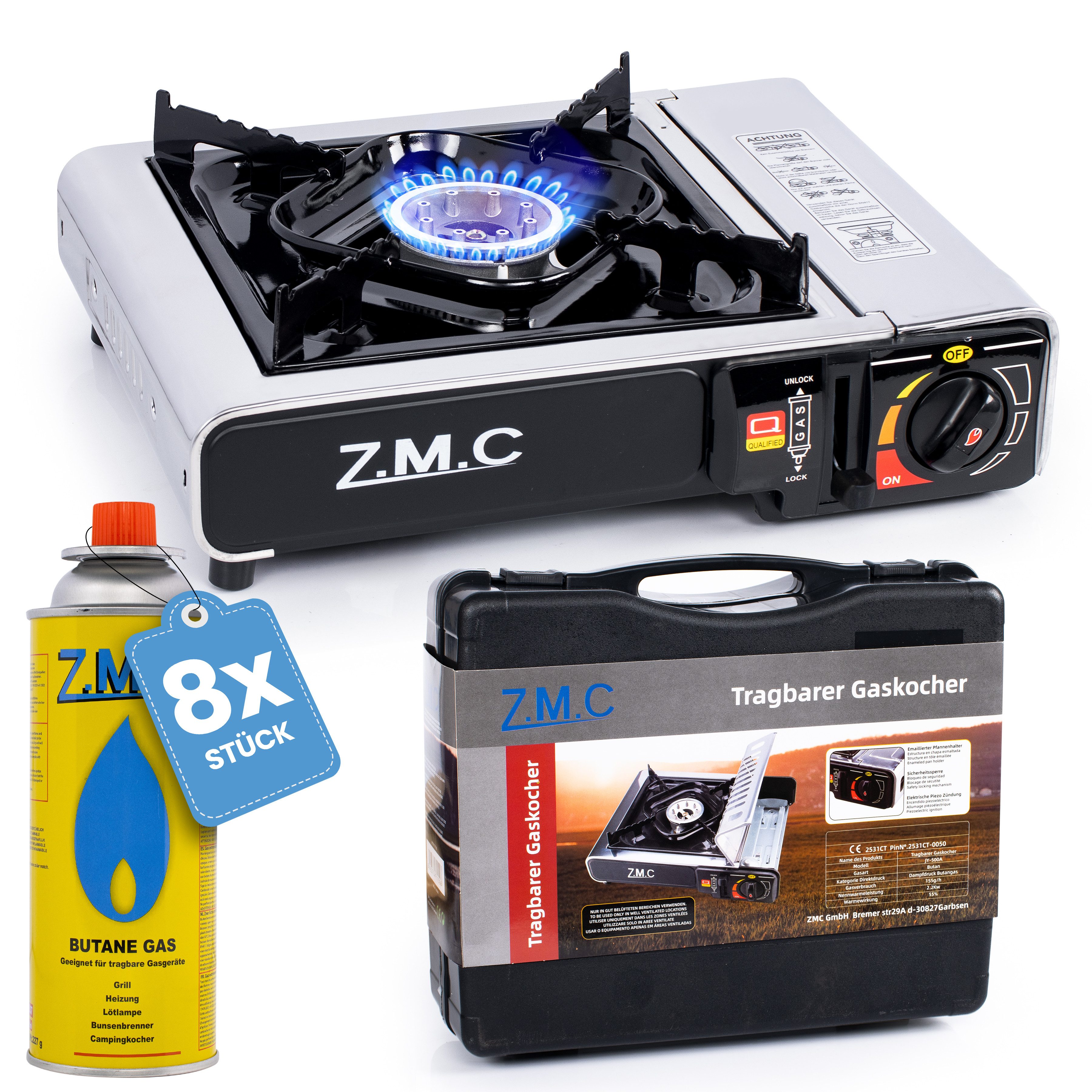 ZMC Gaskocher Edelstahl Gaskocher 1-flammig + Aufbewahrungskoffer + 8x Gaskartuschen, (Butangas Campingkocher für Innenraum/Outdoor, Campinggaskocher 2,2 kW mit Piezozündung, Piezozündung), Kochfeld Herd Gaskocher mit Kartusche, Gaskochfeld für Camping