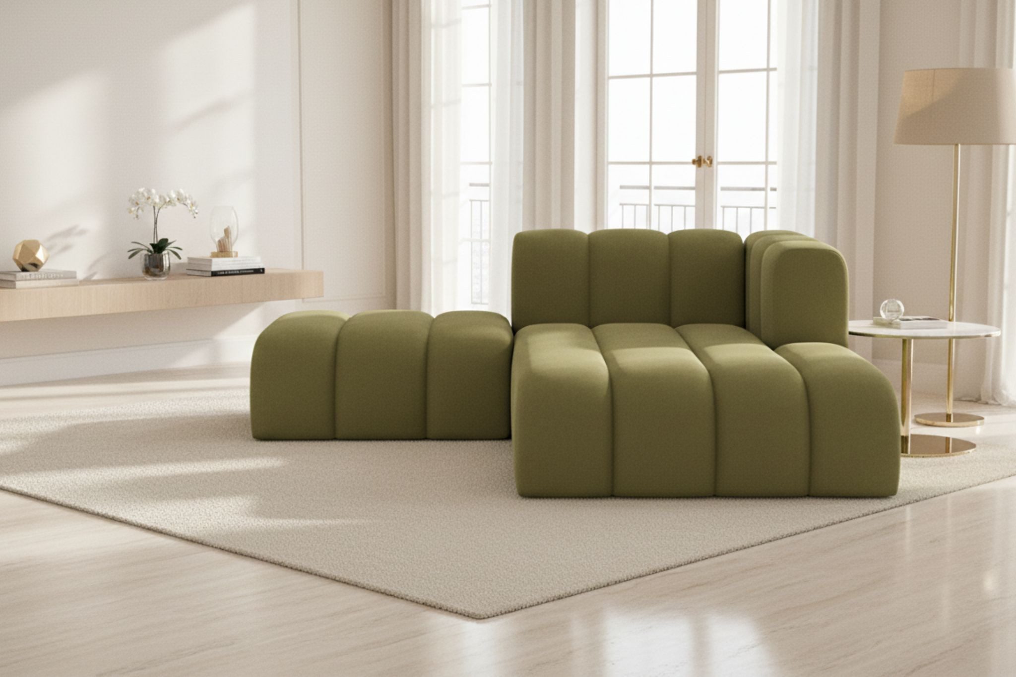 Kaiser Möbel Chaiselongue Grand mit Hocker aus Veloursstoff Salvador, Set (Chaiselongue + Hocker), abgerundete Form,modulares Möbelstück,pflegeleichter Veloursstoff