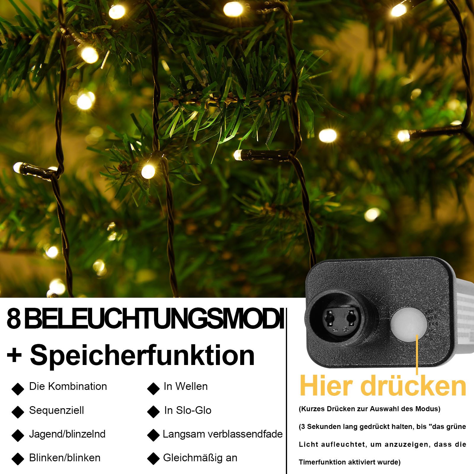 Sunicol Lichterkette Weihnachten Strom Lichterketten mit 8 Leuchtmodi, Timer, 1-flammig, Lichterketten für Party, Garten, Baum – Bild 4 von 5