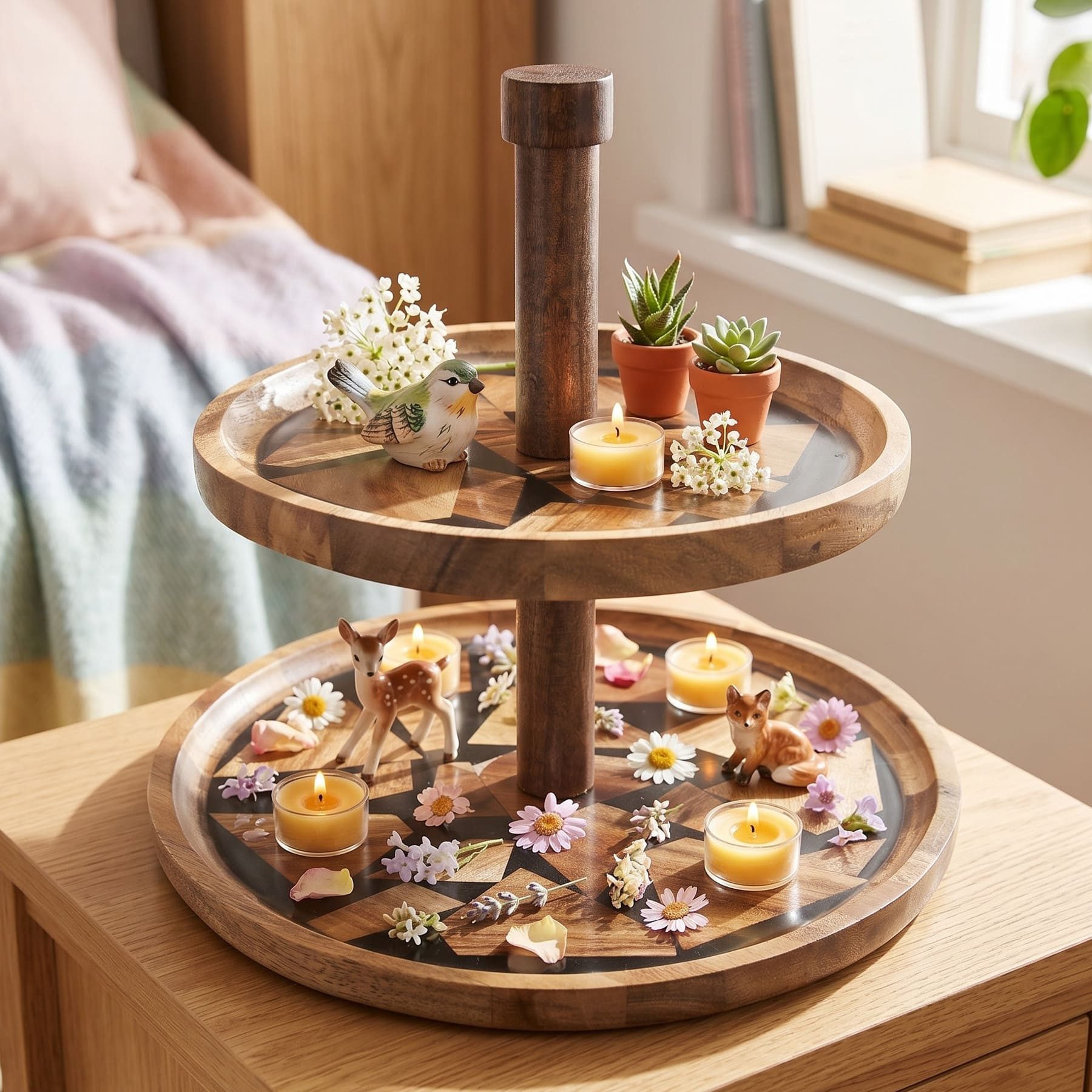 Dekoleidenschaft Etagere "Akazie" aus Holz & Epoxy, 2 Etagen, mit Griff, Servierplatte für Obst, Holz, & Gebäck, Cupcake Ständer