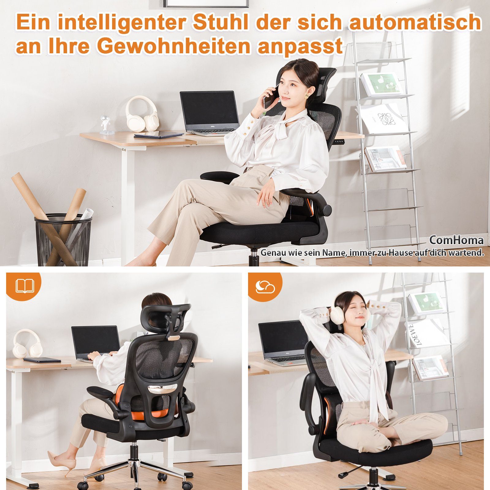 ergonomischer Armlehne Chefsessel hochklappbare COMHOMA breiter W-Form mit Kopfstütze, verstellbare Bürostuhl Lendenwirbelstütze, Schreibtischstuhl Sitz,