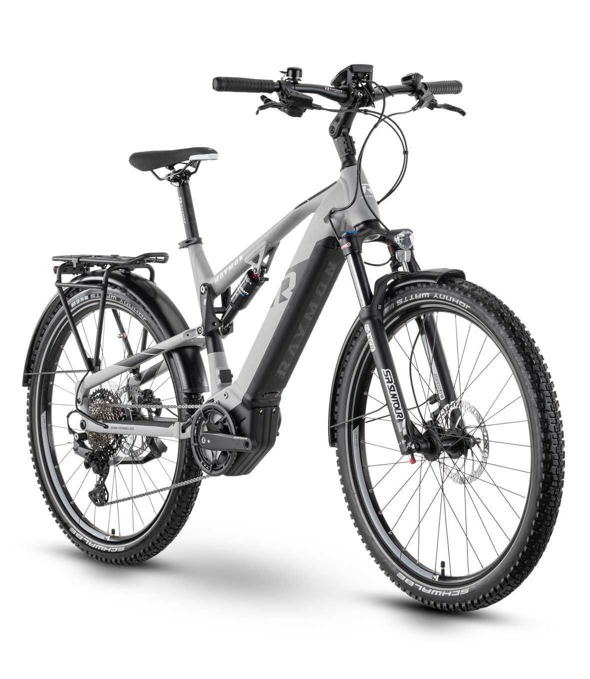 R Raymon E-Bike 27,5"x56cm Raymon CrossRay E FS 5.0 Grey, 9 Gang Tektro RD-M350, 9-S Schaltwerk, Mittelmotor