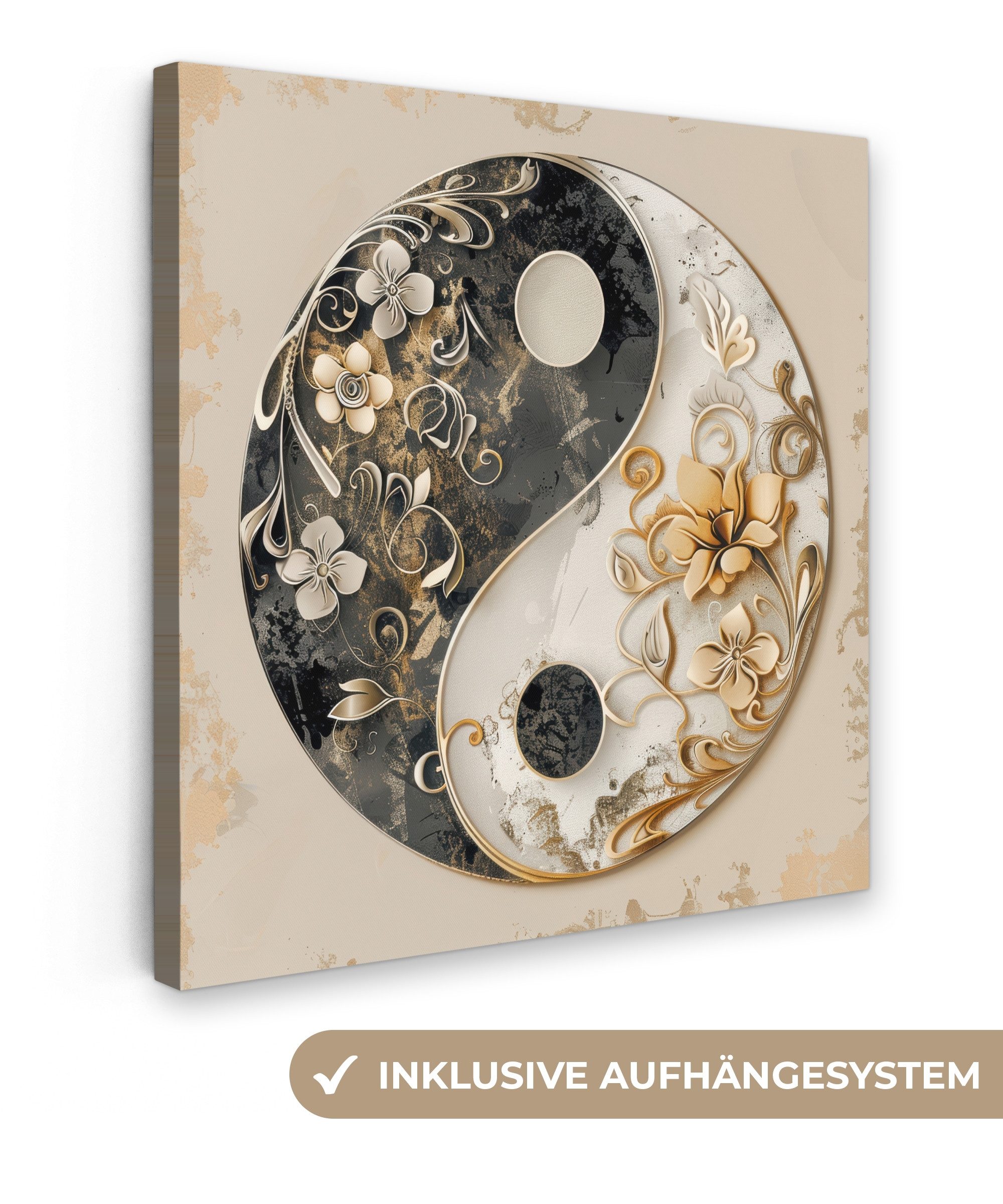 OneMillionCanvasses® Leinwandbild Yin Yang - Blumen - Schwarz - Weiß - Vint günstig online kaufen
