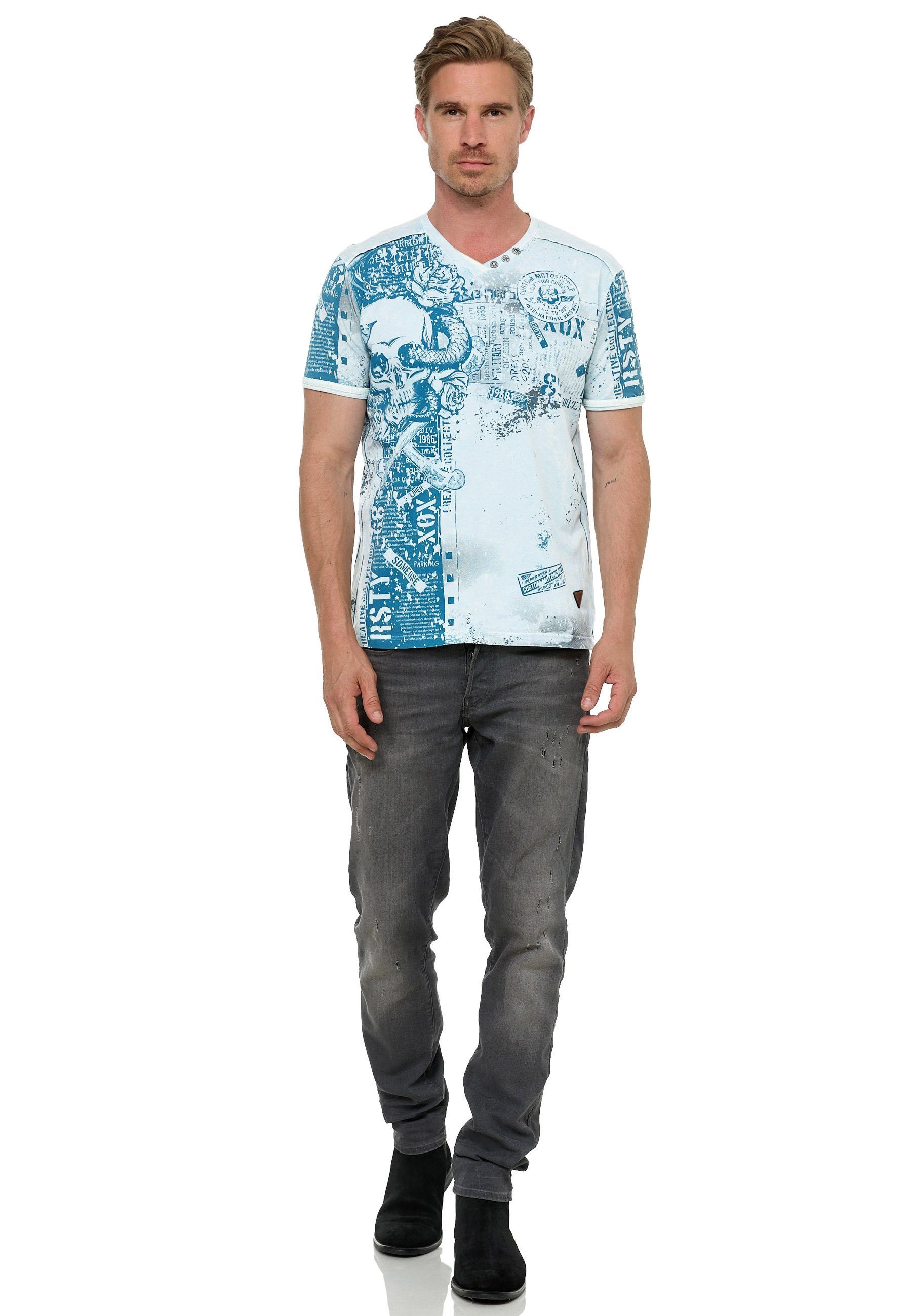 Rusty Neal T-Shirt Rusty Allover-Print Neal coolem hellblau mit T-Shirt