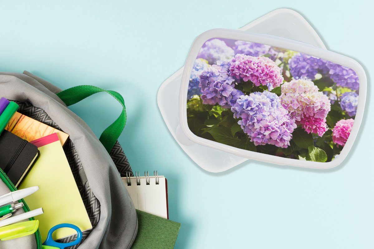 MuchoWow Lunchbox Blumen Kinder Mädchen für (2-tlg), und weiß Kunststoff, Rosa Jungs - Brotbox Sonne, Brotdose, - Hortensie - - für und Erwachsene, Blätter