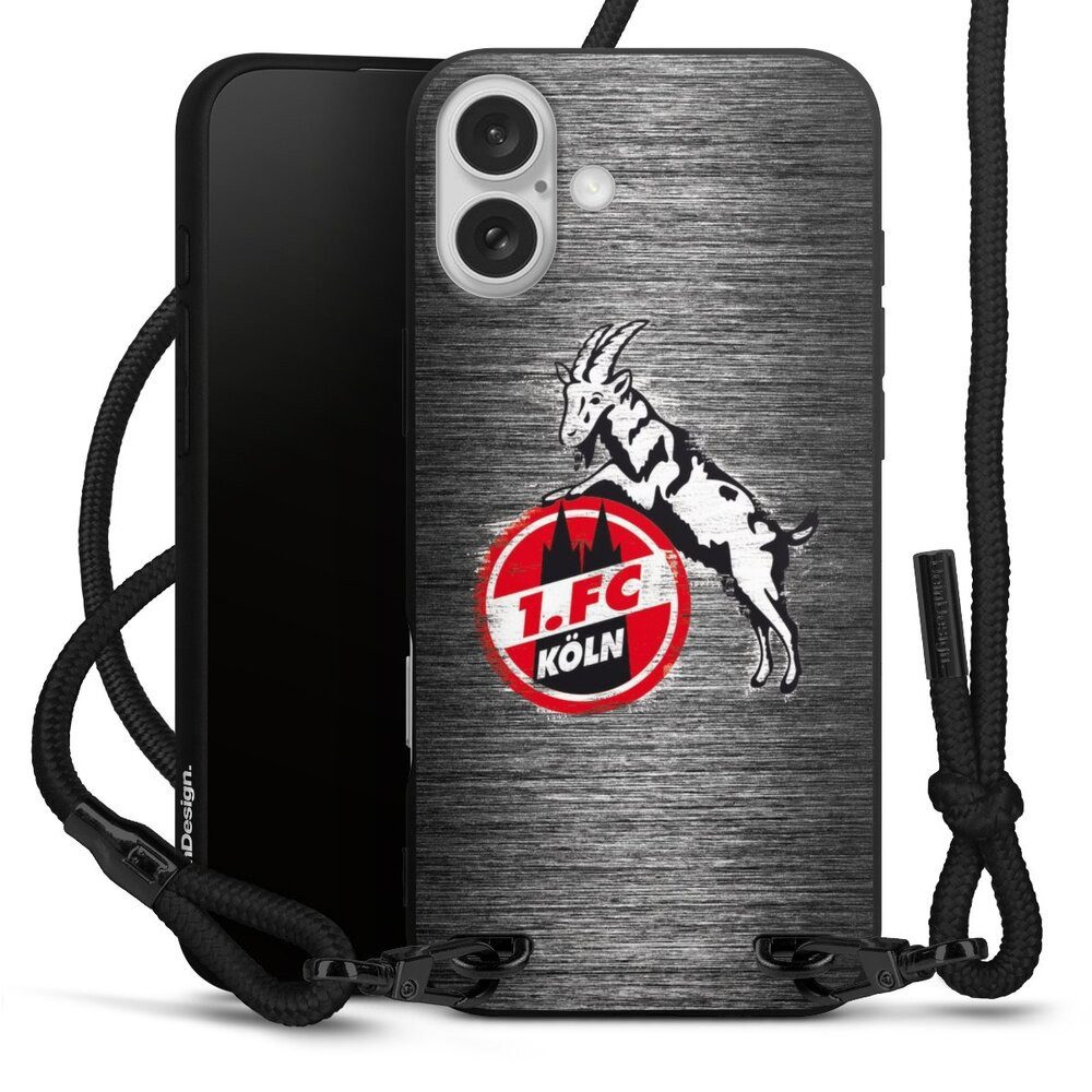 DeinDesign Handyhülle 1. FC Köln Metallic Look Offizielles Lizenzprodukt Metal Scratch 1.FC, Apple iPhone 16 Plus Premium Handykette Hülle mit Band Cover mit Kette