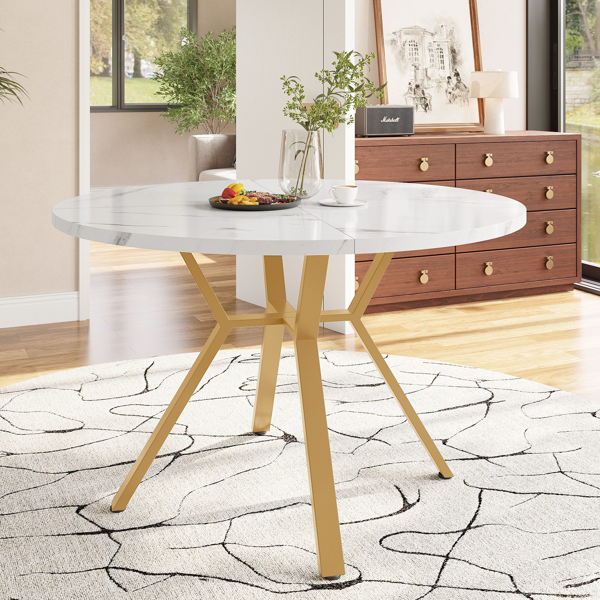 BlingBin Esstisch Moderner Runder Marmor-Esstisch Küchentisch Kaffeetisch (1er Set, 1-St., Produktgröße: 100×100×75cm, Tragendes Gewicht: 60kg/Tisch), Schlichter X-förmiger Couchtisch mit Metallhalterung für Esszimmer