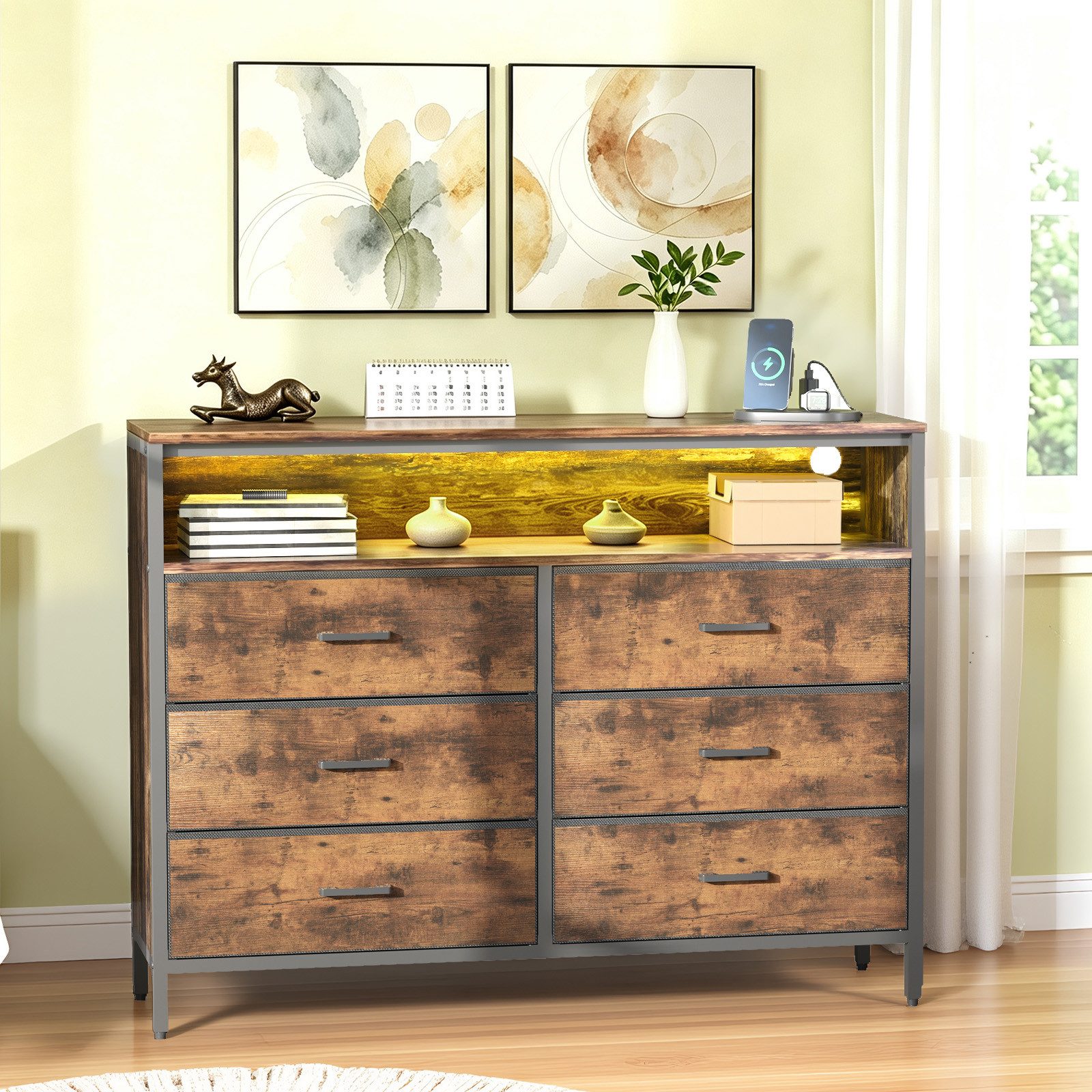 Karlhome Kommode modernes Sideboard, Aufbewahrungsschrank in Holzoptik (1 St), mit RGB-Beleuchtung, 6 Stoffschubladen, 2x USB, 2x AC-Steckdose