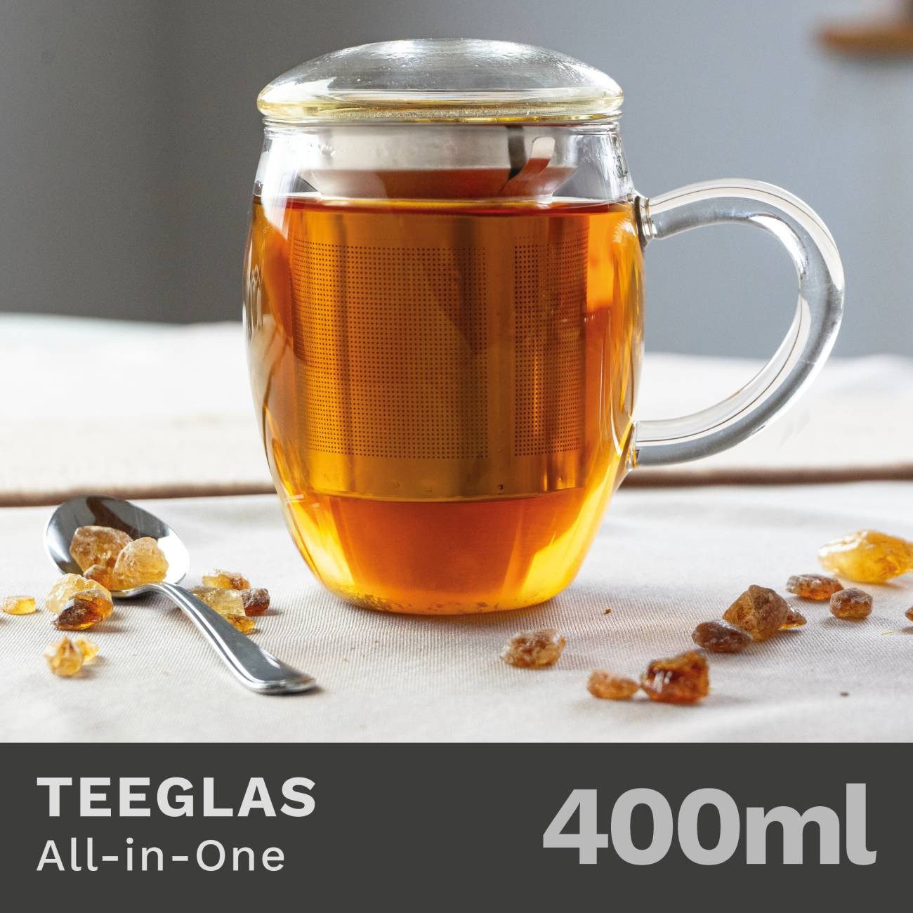 Creano Teeglas Teeglas “All in One” mit Edelstahlsieb und Glasdeckel, 400ml, 3-tlg., Borosilikatglas, 3-teilig