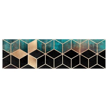 Bilderdepot24 Küchenrückwand türkis dekor Abstrakt Aquarell Muster 3D-Optik Rosé goldene Geometrie, (1-tlg., Nischenrückwand - für Fliesenspiegel ohne Bohren - matt), Spritzschutz Rückwand Küche Herd - Folie selbstklebend versch. Größen