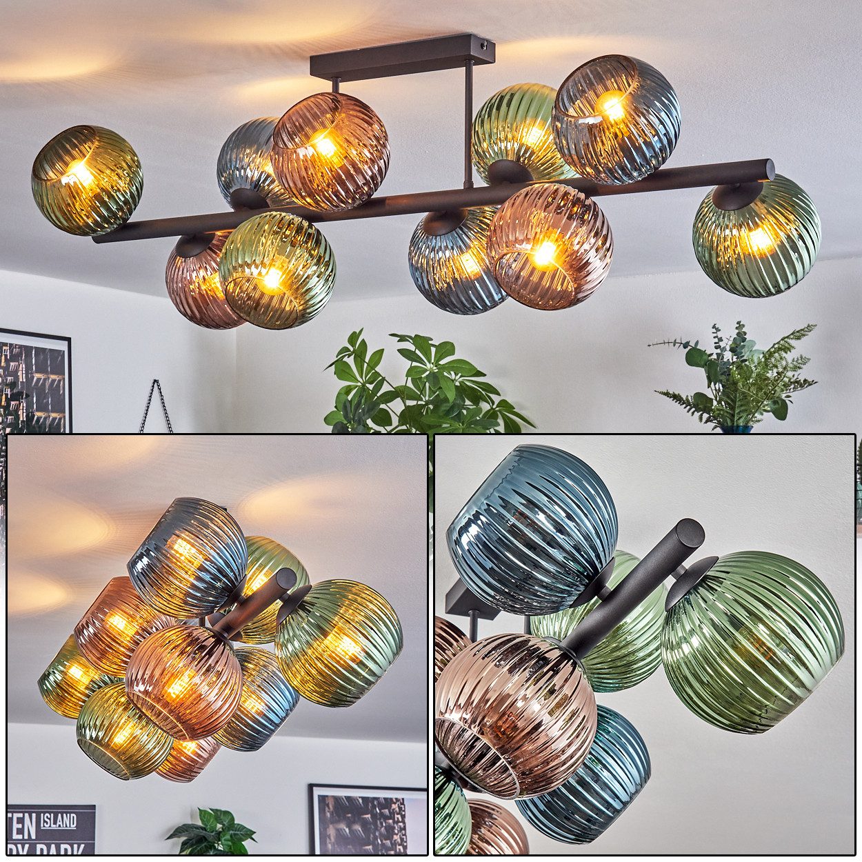 hofstein Deckenleuchte Deckenlampe aus Metall/Glas in Schwarz/Grün/Blau/Kupferfarben, ohne Leuchtmittel, Leuchte im Retro/Vintage-Design mit Glasschirmen (25 cm), 4 x E27