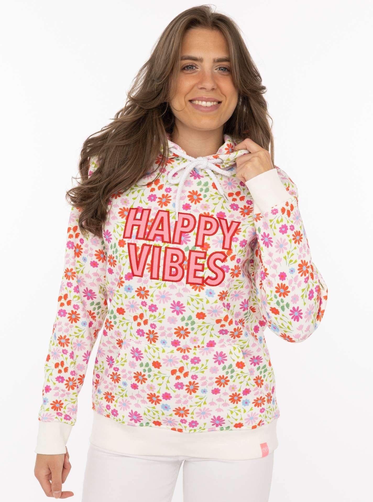 Zwillingsherz Hoodie "AOP Flower Happy Vibes" All-Over-Print, gestickter Schriftzug, Kapuze, elastische Bündchen