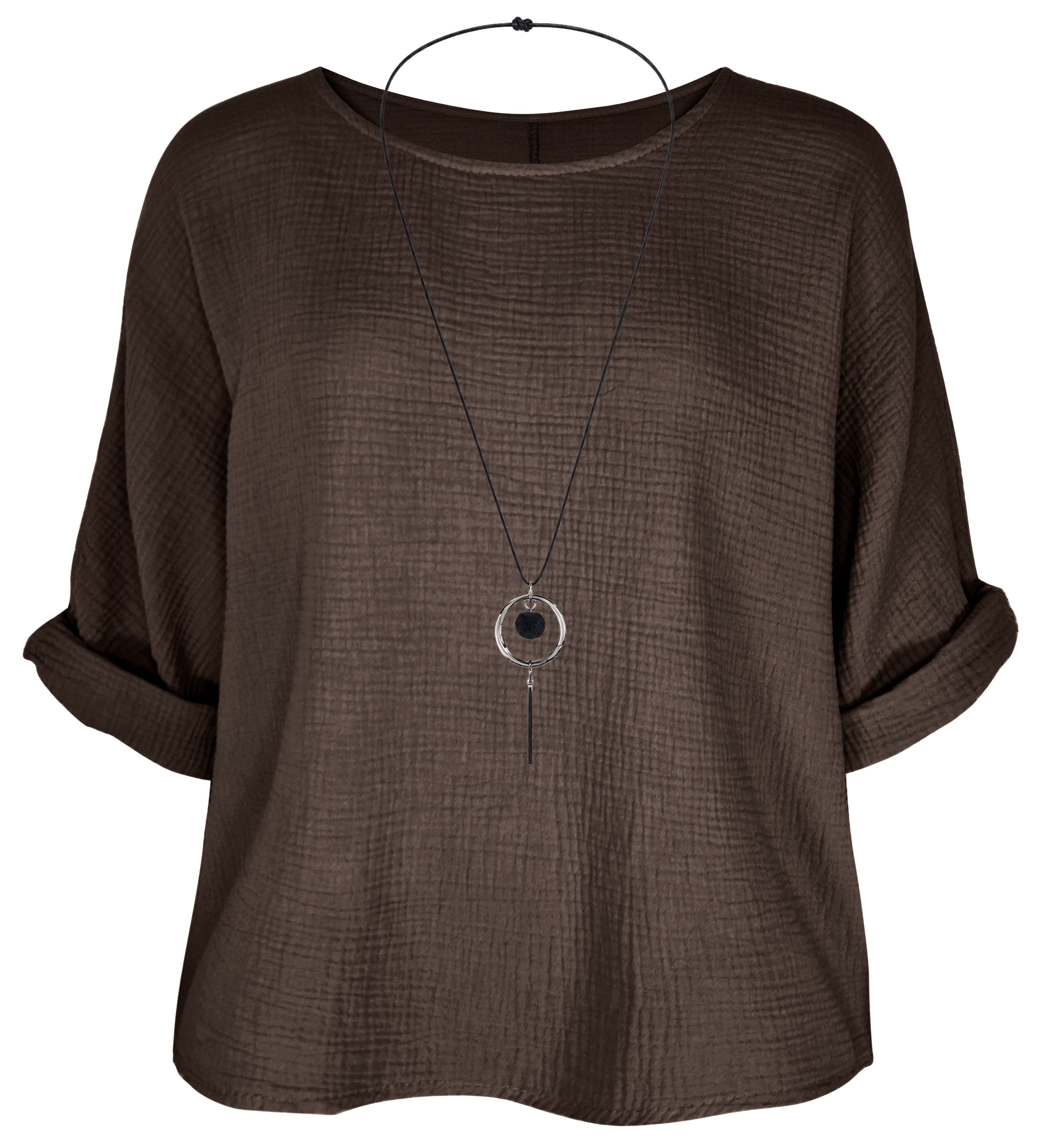 dy_mode Crinklebluse Damen Musselin Bluse Oversize Bluse Blusenshirt Oberteil Baumwolle in Unifarbe, mit passende Kette