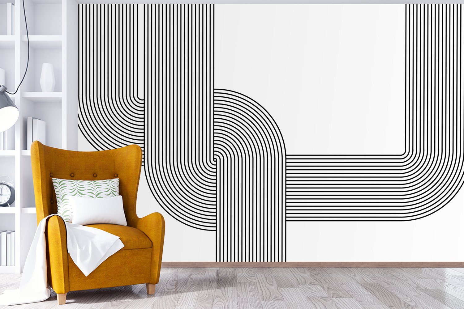 Schlafzimmer, Vinyl - für Fototapete MuchoWow Schwarz - Wallpaper Linie, Weiß Tapete St), (6 Kinderzimmer, Wohnzimmer, bedruckt, Matt,