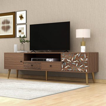 XDeer TV-Schrank Vintage Lowboard mit Aufdruck180x38x50.5cm 2 Türen Landhaus-Design, Goldene Füße, 2 Schubladen, Ablagefach