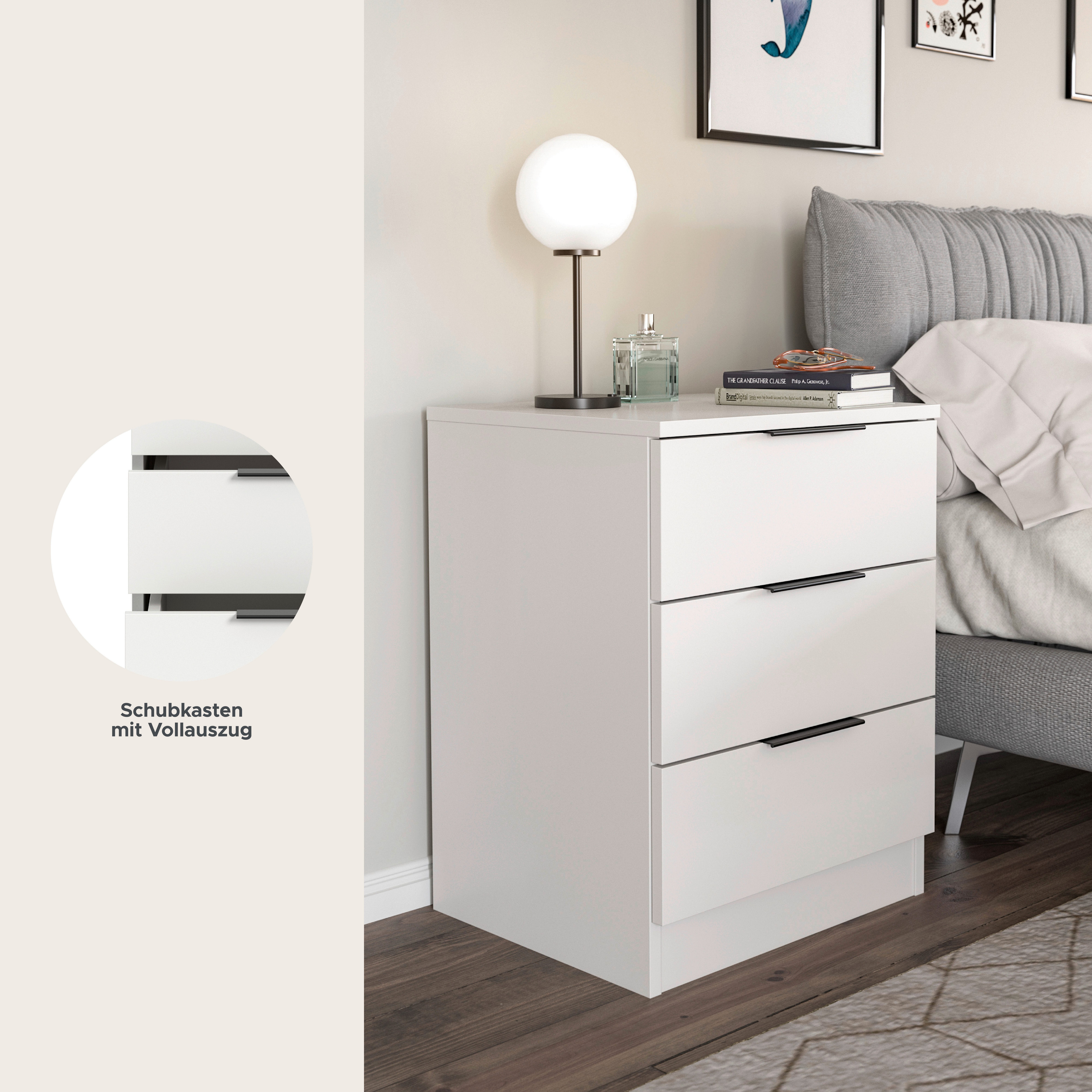 OTTO home Nachtkommode Skarde Nachttisch Beistelltisch Kommode, Breite: 45 cm (1 St), Skarde, Nachtkommode, 3 Schubkästen, weiß – Bild 3 von 5