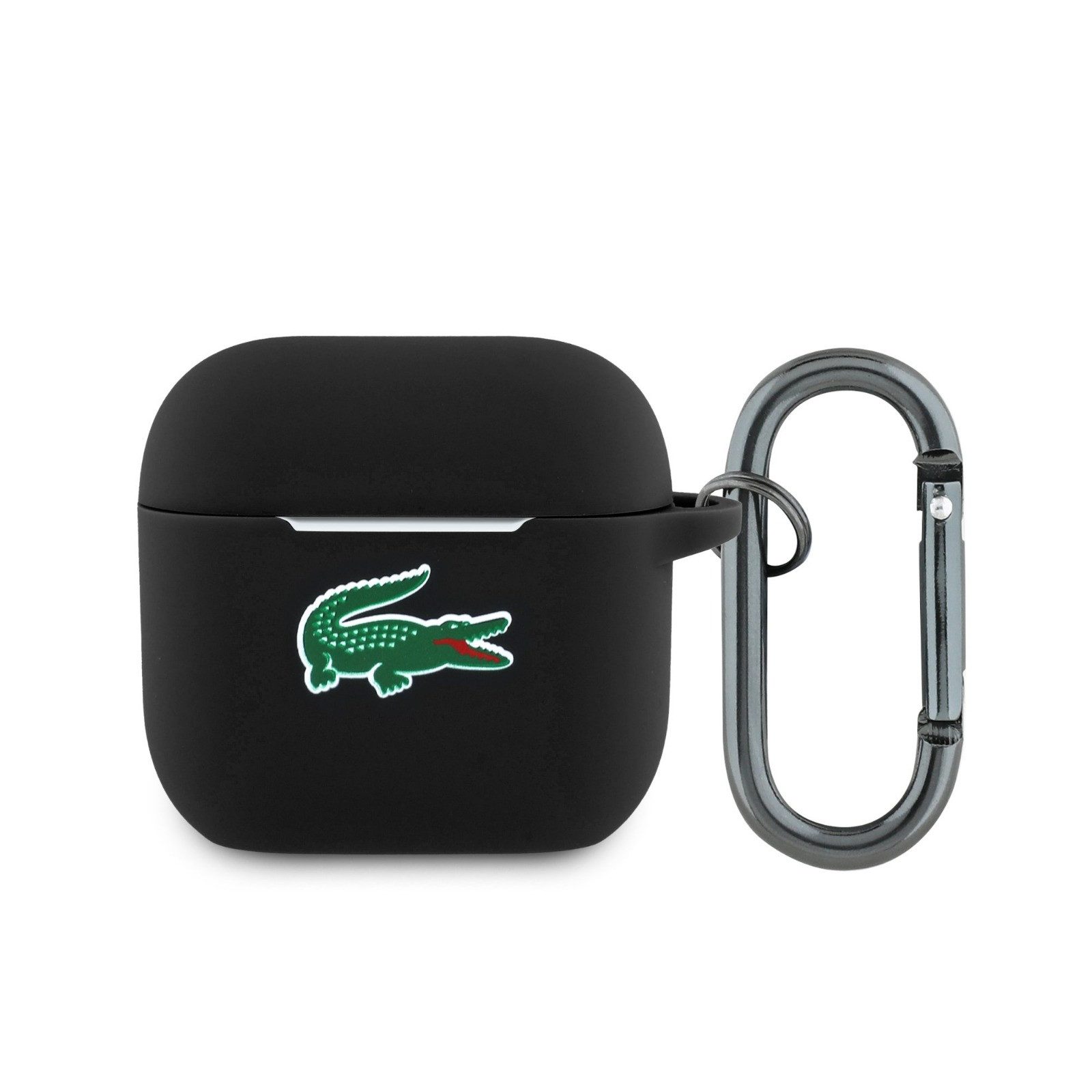 Lacoste Kopfhörer-Schutzhülle Case AirPods 4 Silikon schwarz Logo Krokodil grün mit Karabiner, Karabiner
