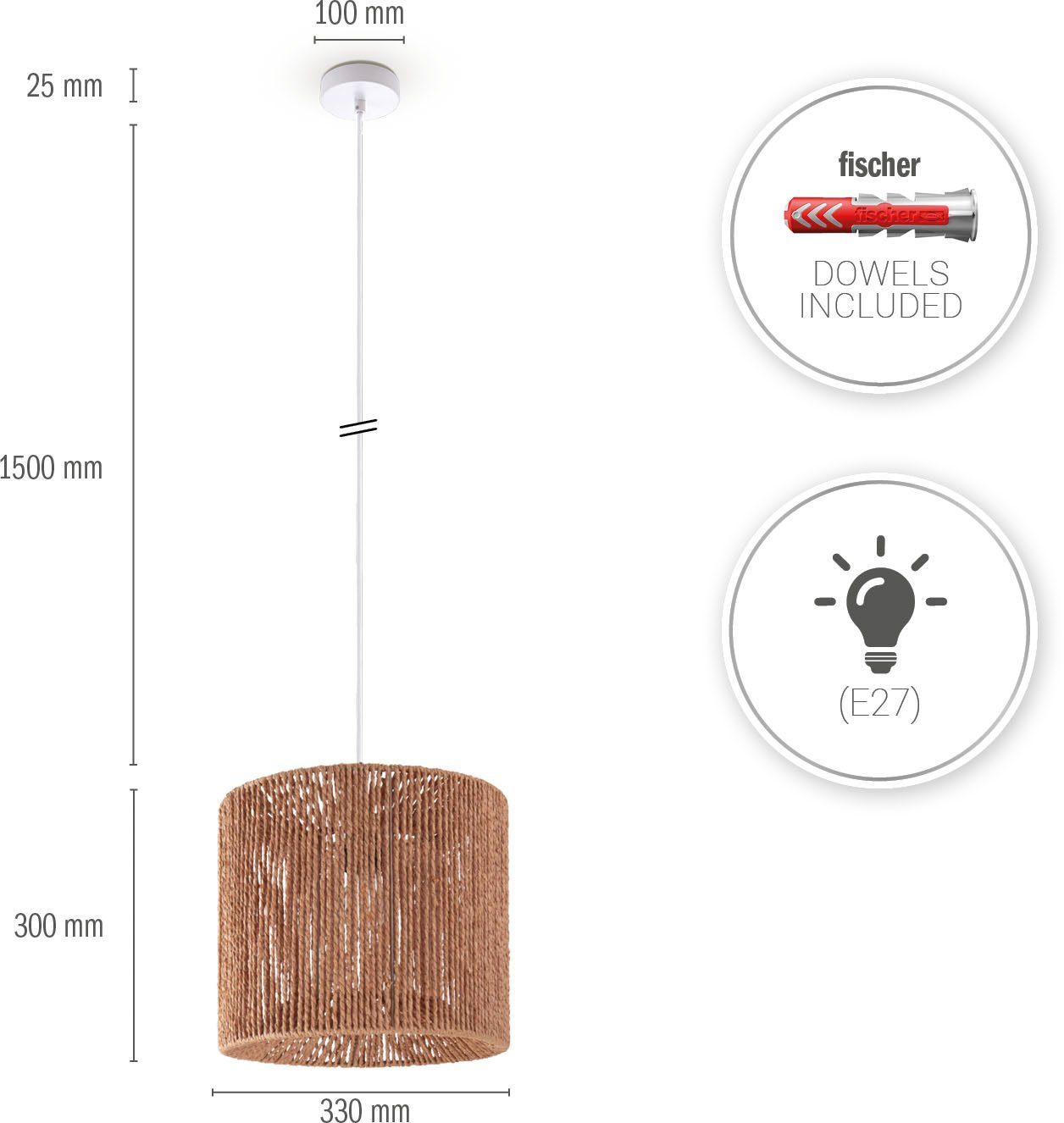 Leuchtmittel, E27 Pendelleuchte Esszimmer Optik Papier Home Schirm ohne Hugo Modern Paco Wohnzimmer Boho Ramira, Rattan