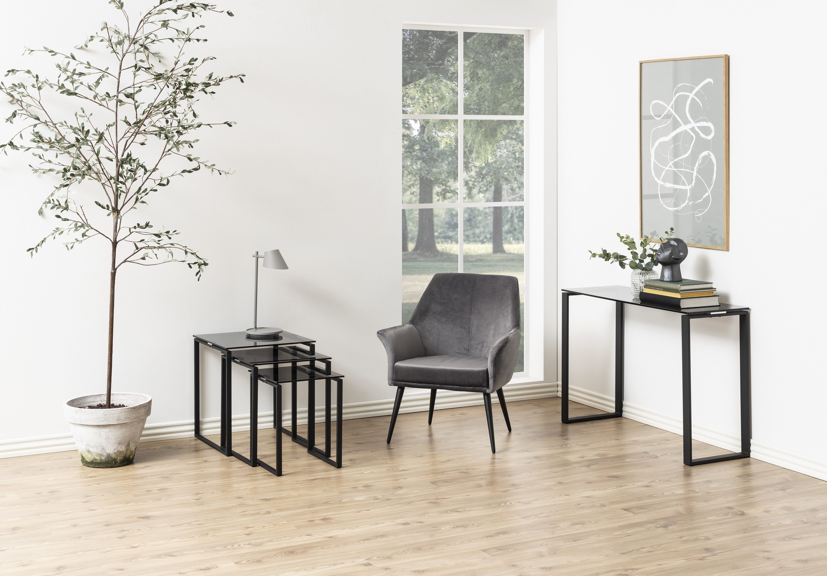 ACTONA GROUP Satztisch (3-teilig) in Grau, Glas, Stahl - 50x55x50cm (BxHxT) (3-teilig, Einzelmaße: 50x50x55 cm, 43x43x50 cm, 36x36x45 cm)