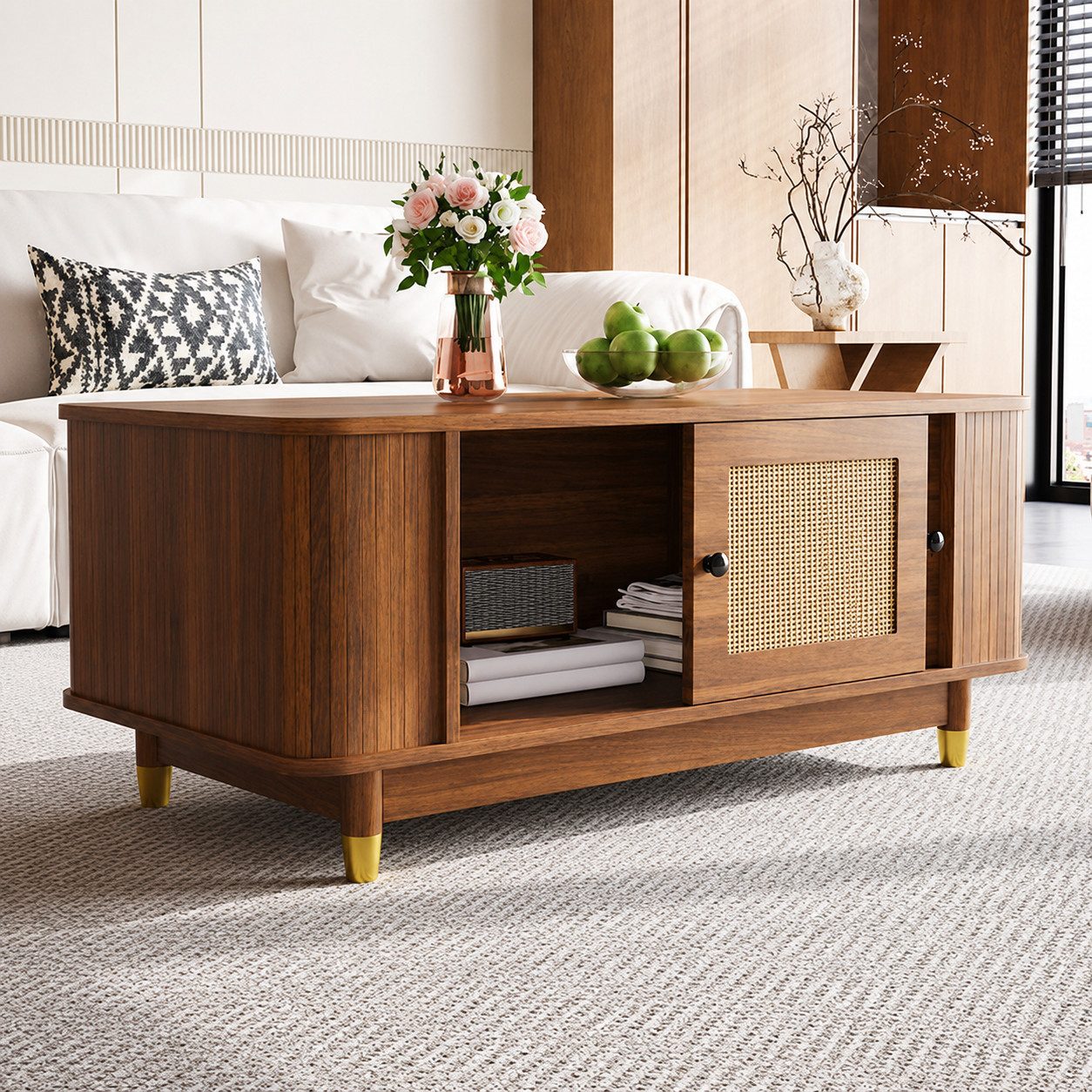ANYSUN Couchtisch Rattan Couchtisch mit Schiebetüren, Stauraum & Wohnzimmertisch (1 Couchtisch), 00 × 50 × 42 cm, Holzoptik, MDF, moderner Sofatisch fürs Wohnzimmer
