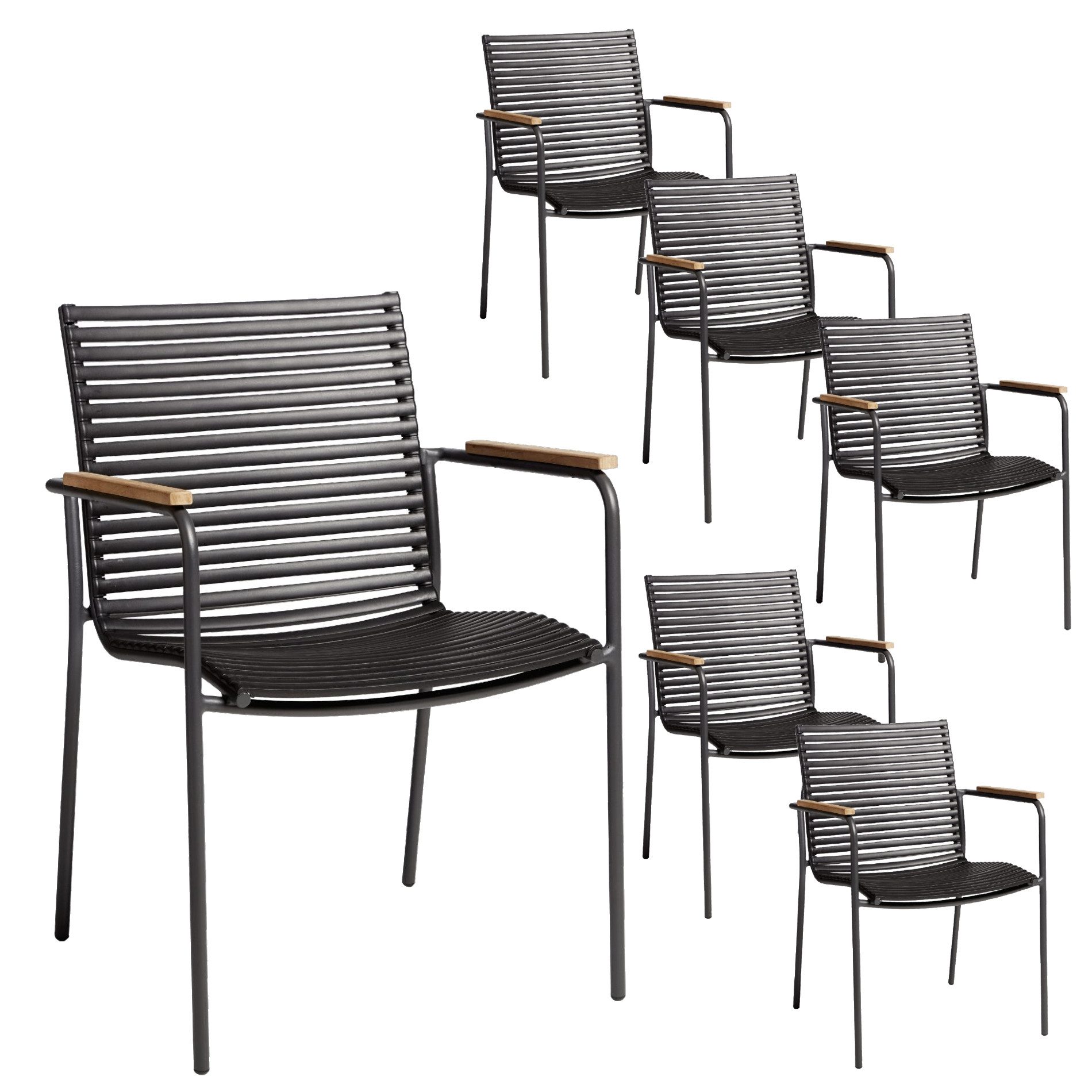 Cinas Gartenstuhl Mood Classic Stapelstuhl, Aluminium, Kunststoff-Lamellen (6er-Stuhl-Set), Armlehnen Teakholz, stapelbar, Lamellen schwarz
