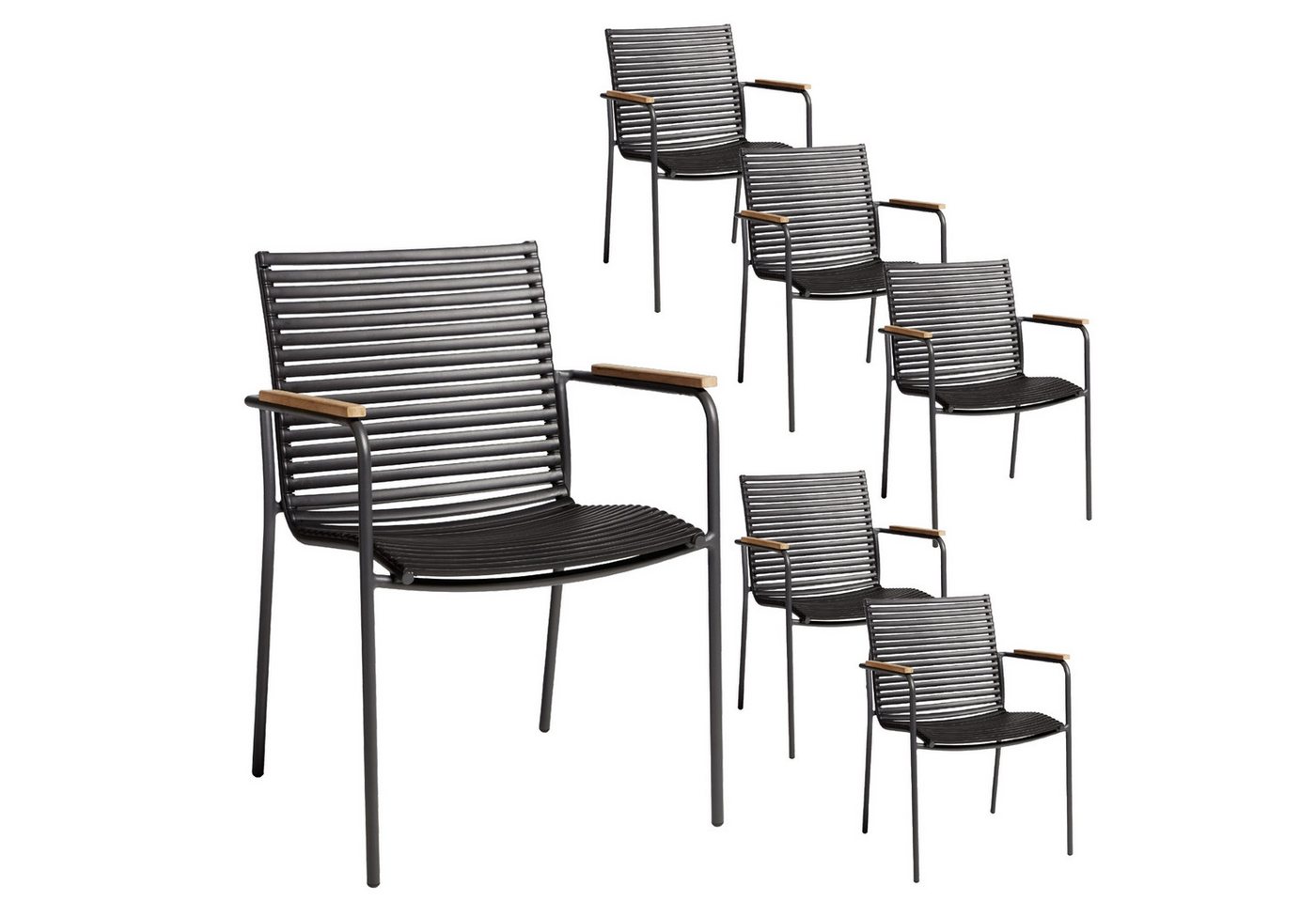 Cinas Gartenstuhl Mood Classic Stapelstuhl, Aluminium, Kunststoff-Lamellen (6er-Stuhl-Set), Armlehnen Teakholz, stapelbar, Lamellen schwarz