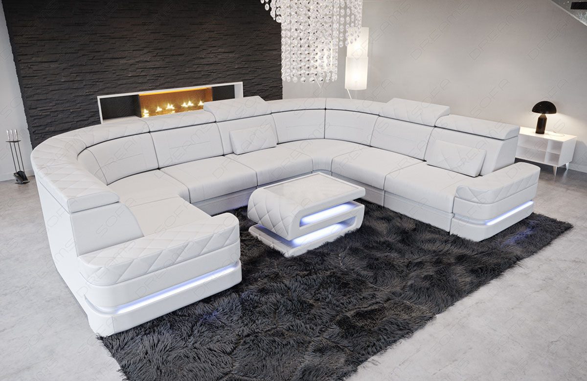 Sofa Dreams Wohnlandschaft Ledersofa Positano u Form Mini, Designersiofa, Sofa mit Beleuchtung