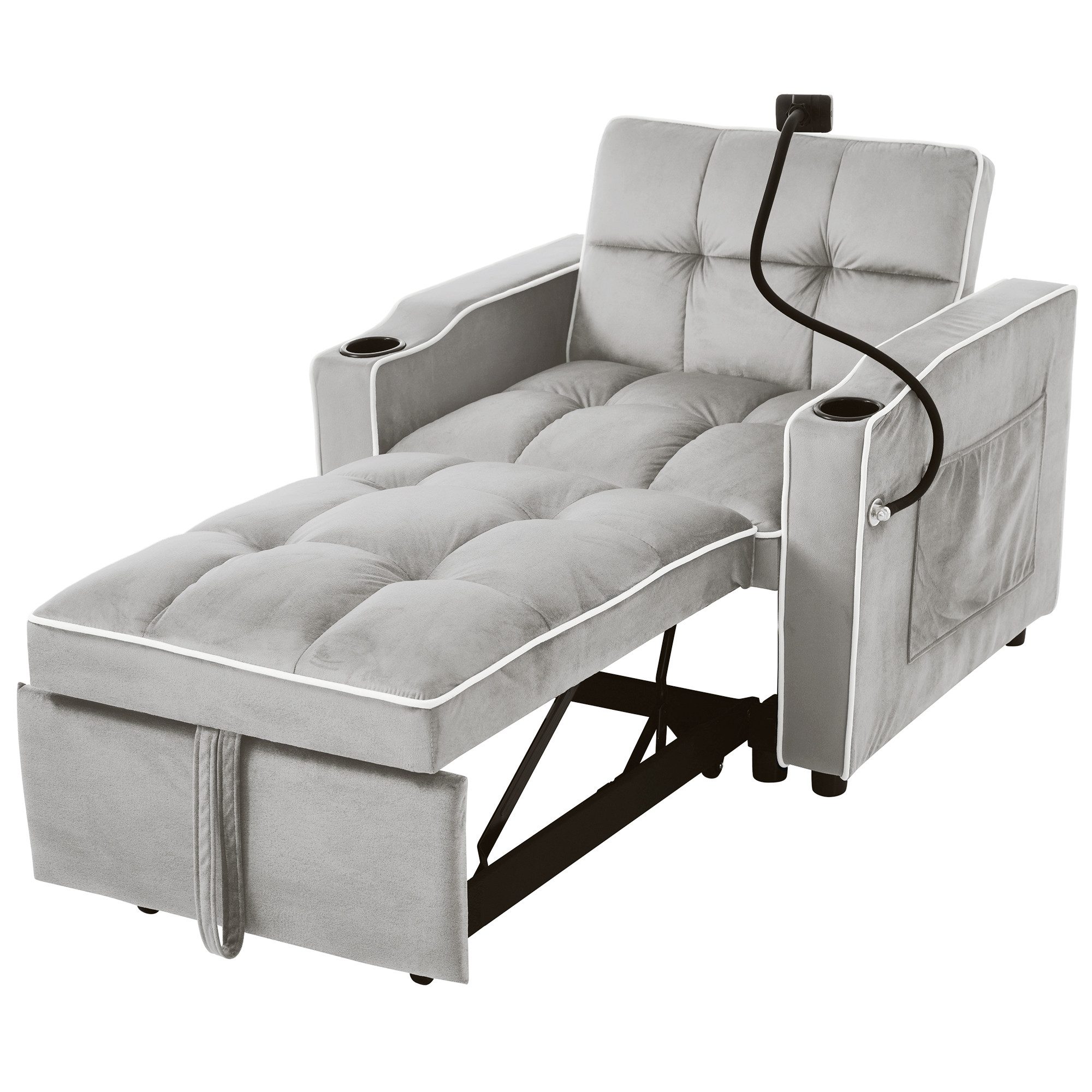 Merax Schlafsofa mit 3-in-1 Bettfunktion, 1 Teile, Loungesessel mit Getränke- & Handyhalter, Ausziehbares Sofa Liegestuhl