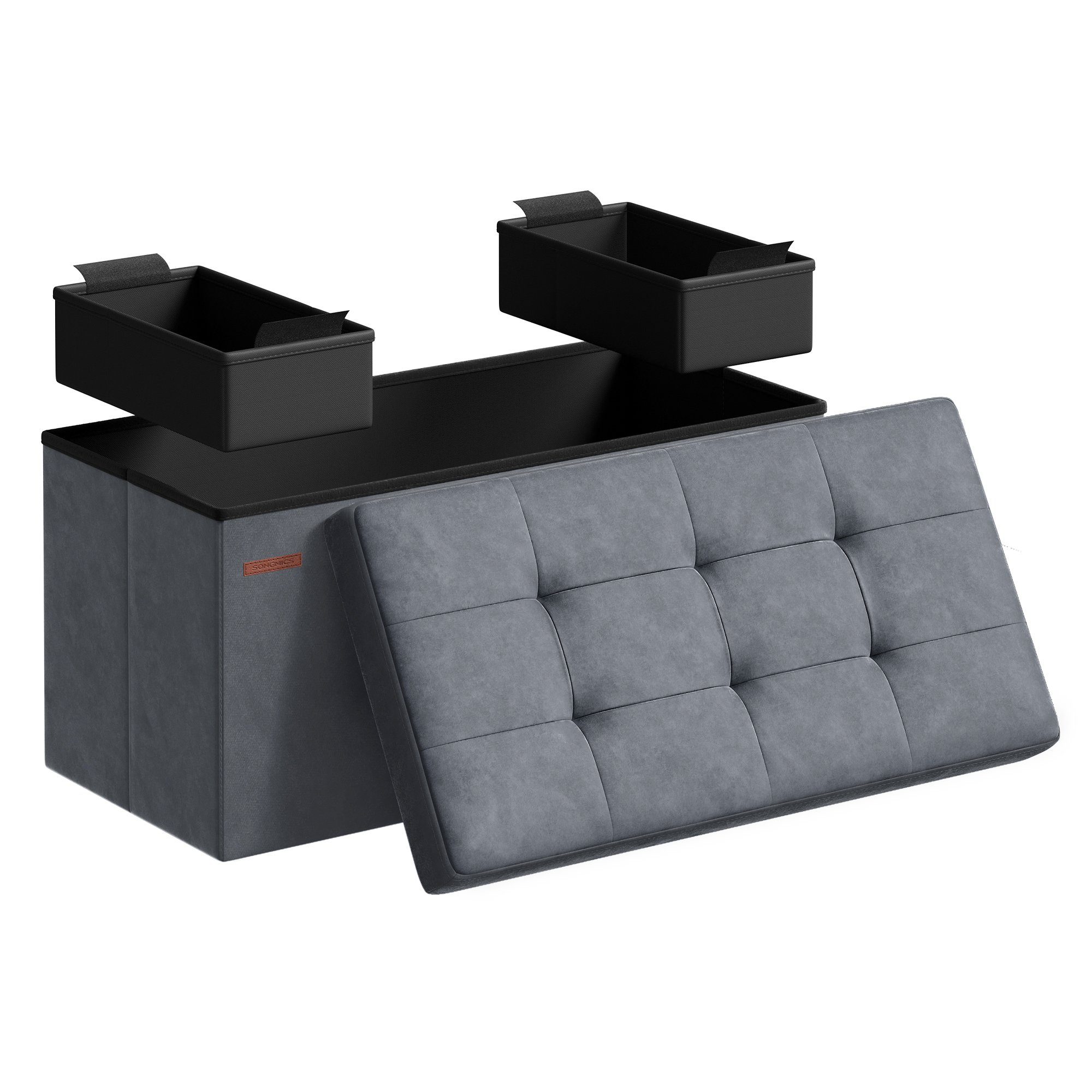 SONGMICS Sitzhocker Aufbewahrungshocker, Samtige, klappbare Sitztruhe (76/110 cm) mit 2 extra Boxen