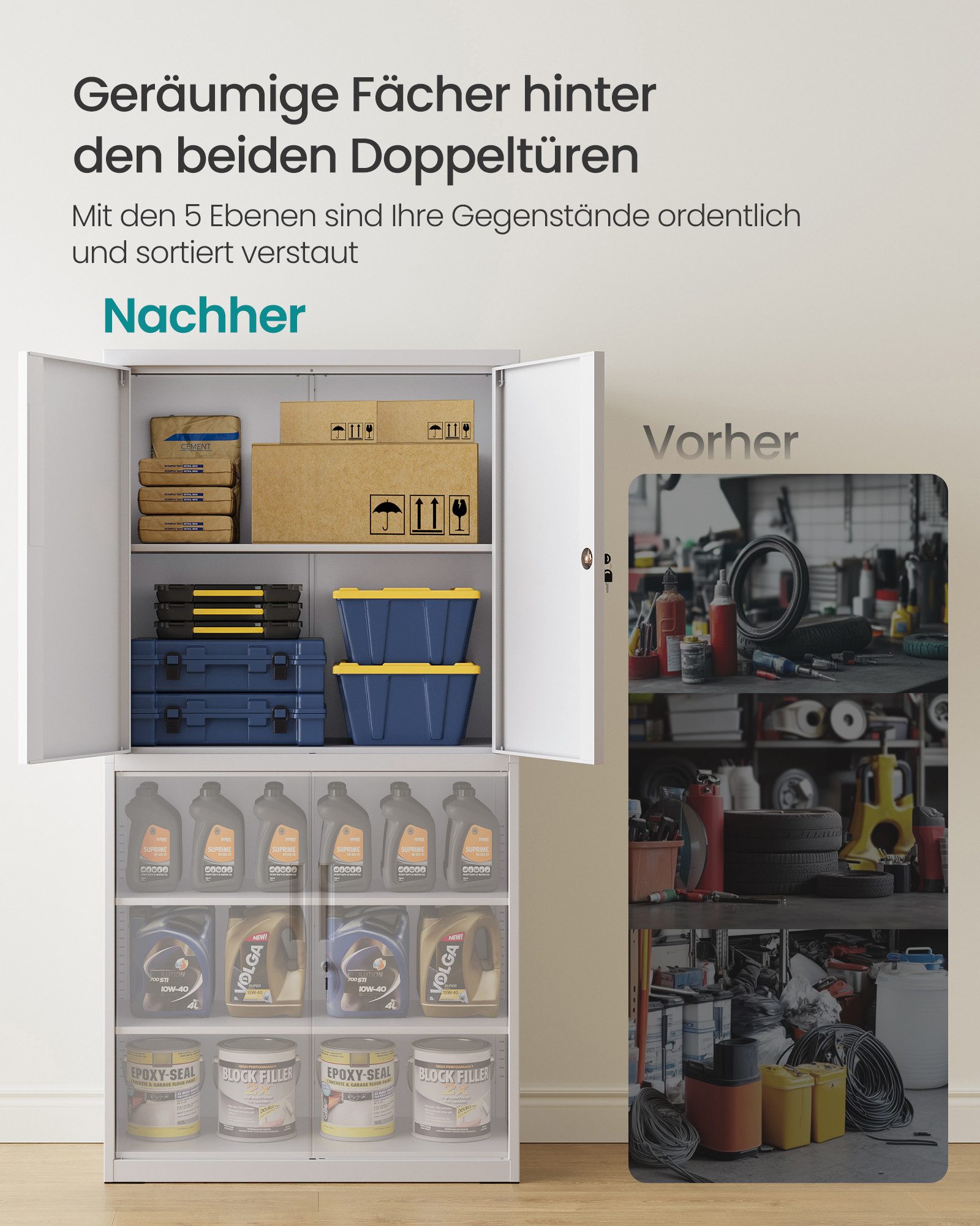 SONGMICS Aktenschrank Mehrzweckschrank, Stahl-Aufbewahrungsschrank, 5 Ebenen 4 Türen, 40 x 60/80 x 180 cm, 2 Schlösser, verstellbare Ablagen