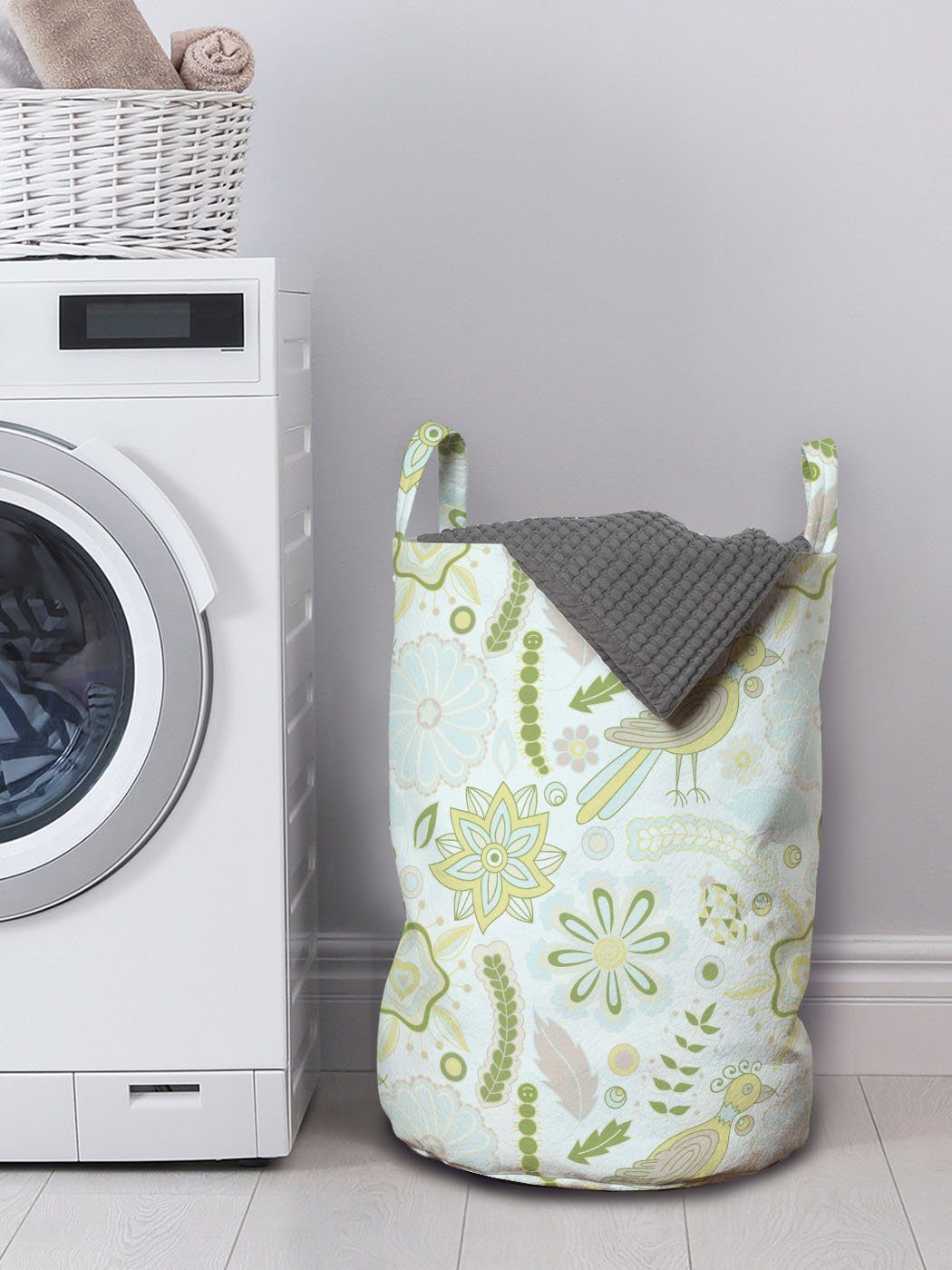 Abakuhaus Wäschesäckchen Wäschekorb mit Waschsalons, Kordelzugverschluss Griffen für Gekritzel-Blumen-Vögel Raupe