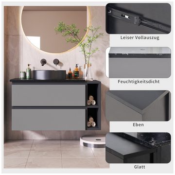 IDEASY Waschbeckenunterschrank Hängender Waschbeckenunterschrank, 80 cm breit, schwarz und grau, Marmorplatte, leicht zu reinigen, schmutzabweisend