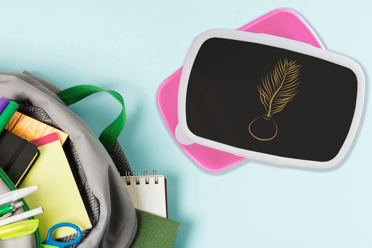 Topf Brotbox - Linienkunst, - Kunststoff Lunchbox Gold (2-tlg), für - Pflanze rosa Snackbox, Erwachsene, MuchoWow Kunststoff, Brotdose Kinder, Mädchen,