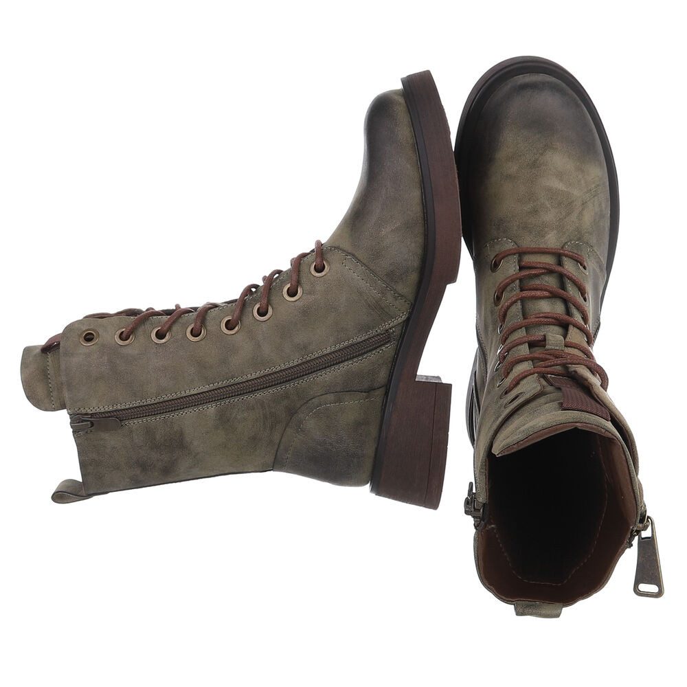Ital-Design Modischer Damen-Boot mit Reißverschluss und Schnürung Schnürstiefelette (90515076) Blockabsatz Schnürstiefeletten in Grün