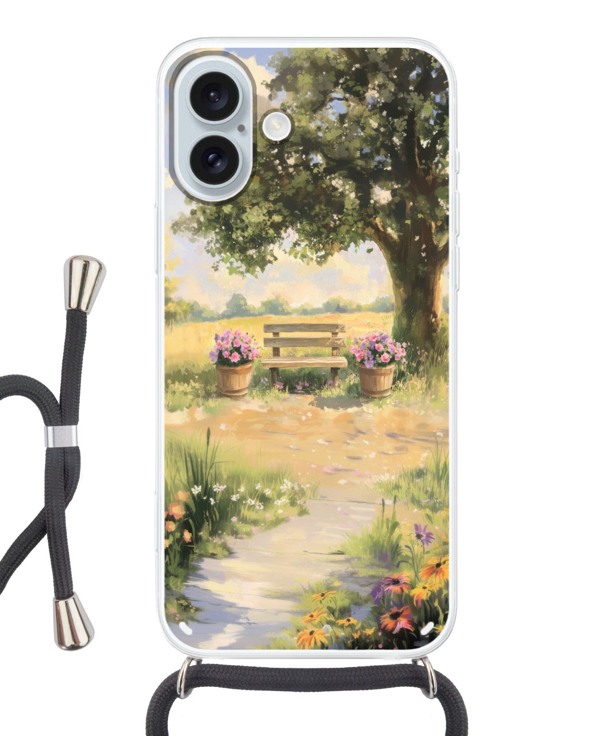 MuchoWow Handyhülle für Apple iPhone 16 Plus Holzbank - Blumentöpfe - Landschaft, Tragbare Handyhüllen mit Kette zum umhängen, Handykette Handyband