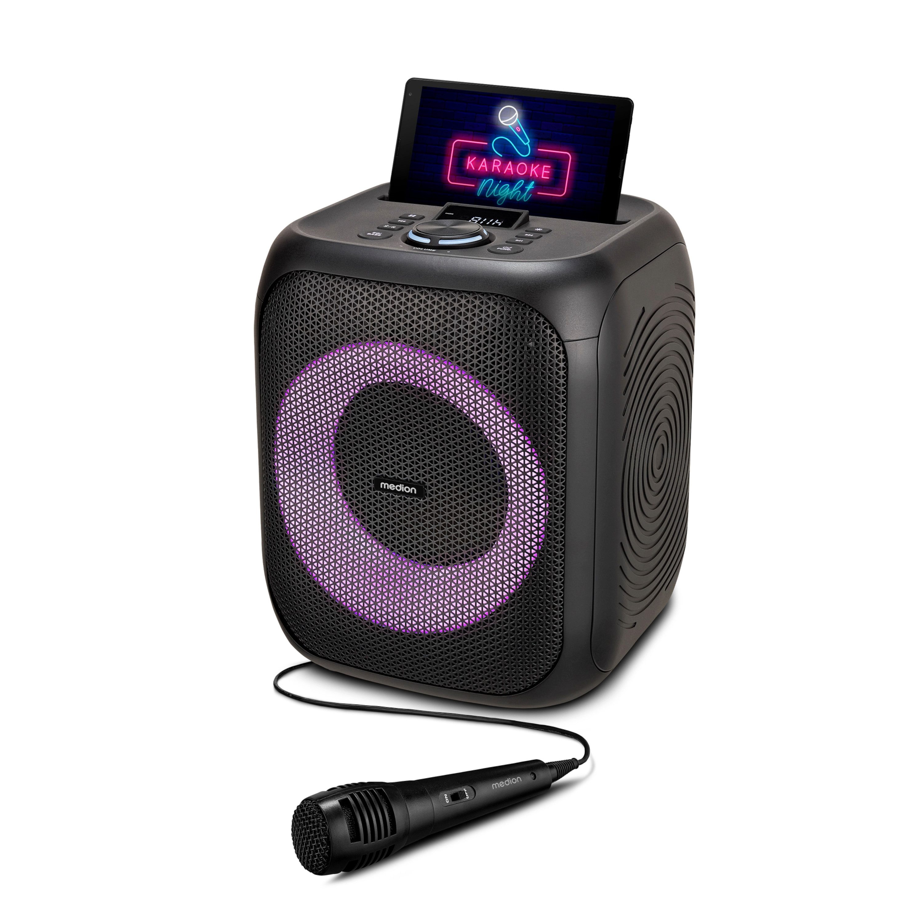 Medion® S61991 (MD43991) Lautsprecher (A2DP Bluetooth, AVRCP Bluetooth, Bluetooth, HFP, 50 W, Lichteffekte, Karaoke, Akku, spritzwassergeschützt (IPX4)