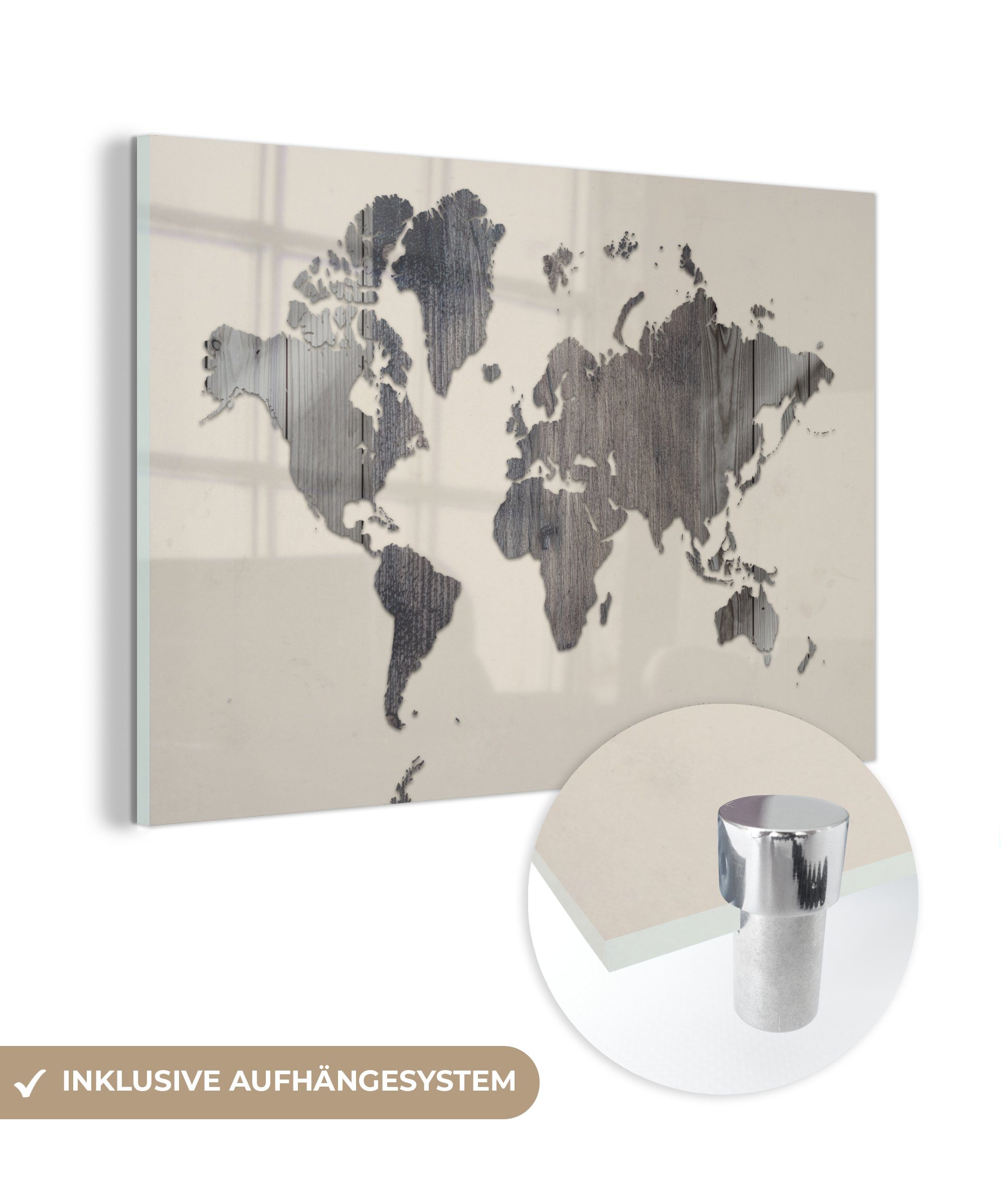 MuchoWow Acrylglasbild Weltkarte - Holz - Grau, (1 St), Glasbilder - Bilder auf Glas Wandbild - Foto auf Glas - Wanddekoration