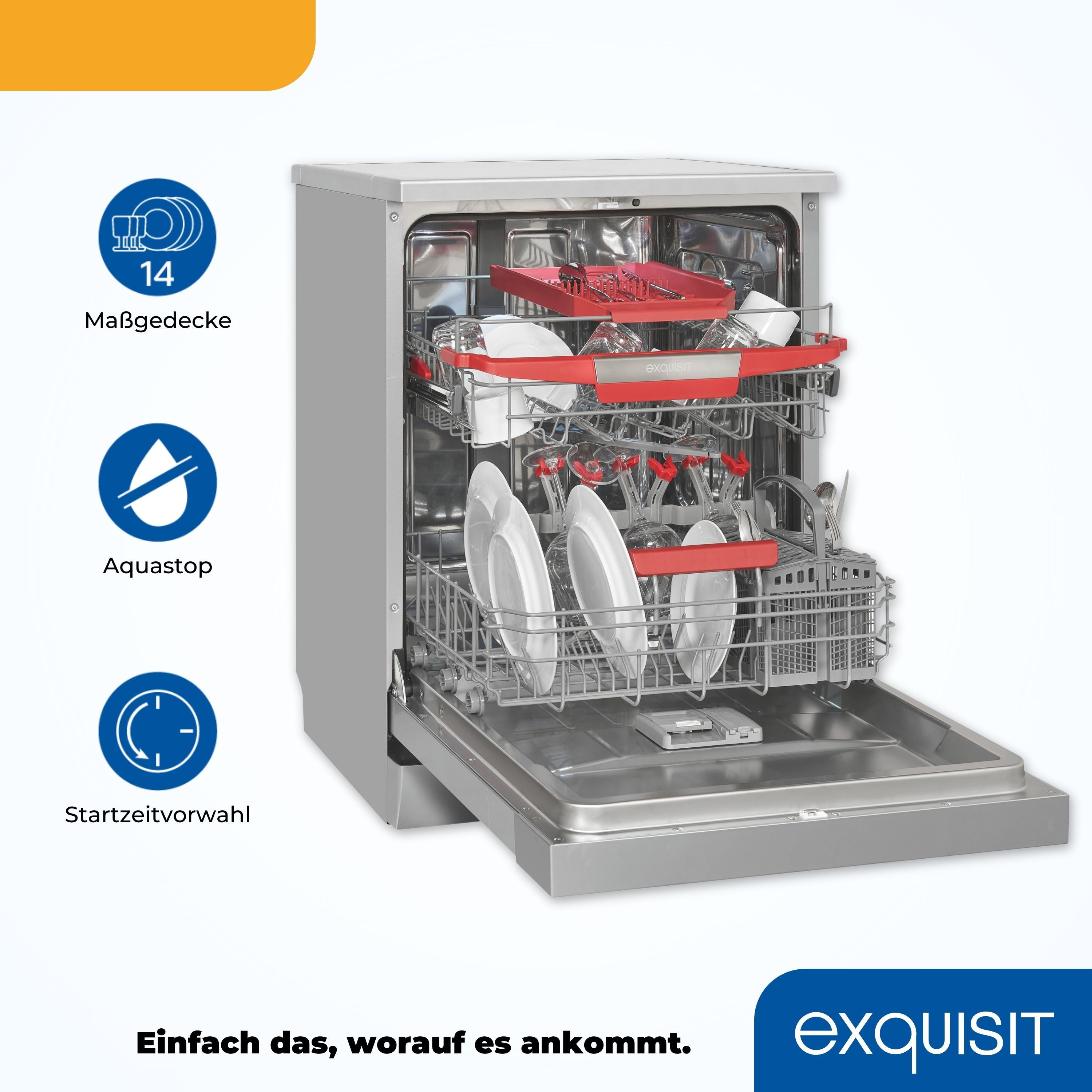 exquisit Standgeschirrspüler GSP9614-030B, 14 Maßgedecke, Stand-/Unterbaugerät, 14 Maßgedecke – sparsam mit 6 Programmen & LED
