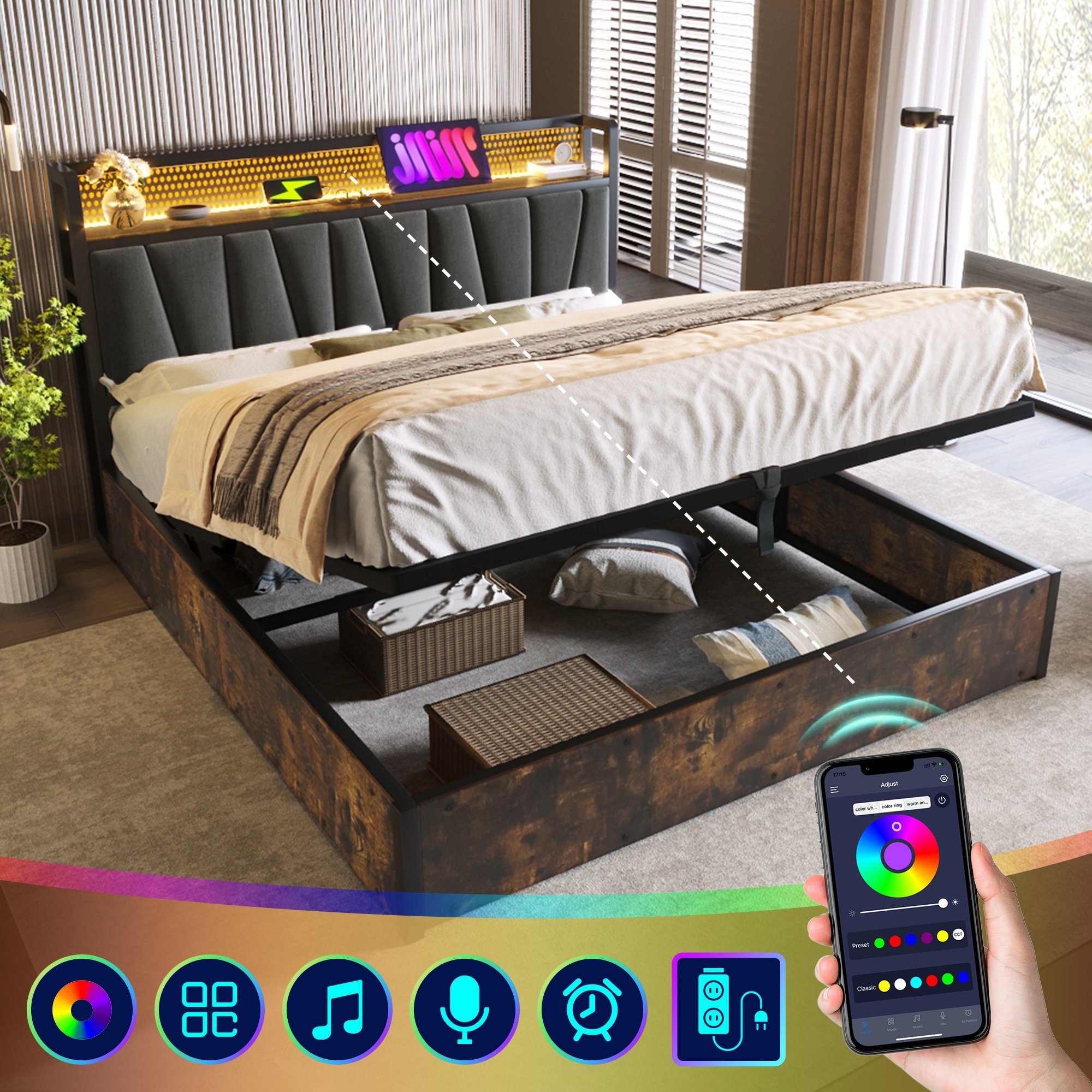 Ulife Polsterbett Metallbett Doppelbett mit aufladen USB Ladefunktion Kopft günstig online kaufen