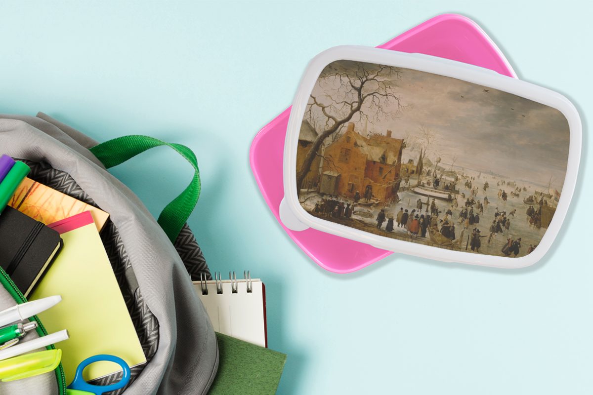 MuchoWow Lunchbox Eislandschaft - Gemälde Kunststoff rosa Brotbox Snackbox, Avercamp, Kunststoff, Kinder, von Mädchen, Brotdose Erwachsene, für (2-tlg), Hendrick