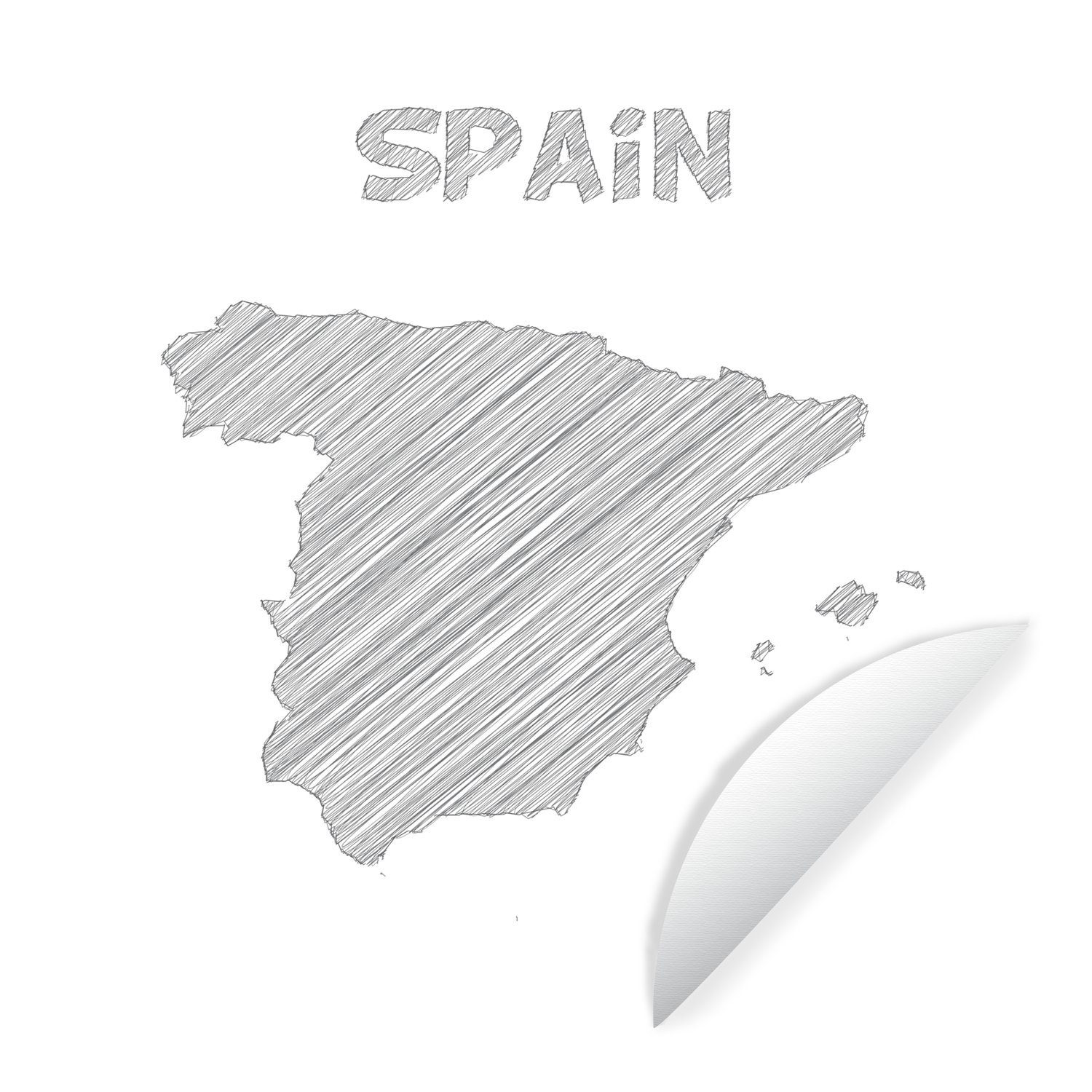 MuchoWow Wandsticker Schwarz-Weiß-Abbildung einer Skizze von Spanien (1 St), Tapetenkreis für Kinderzimmer, Tapetenaufkleber, Rund, Wohnzimmer