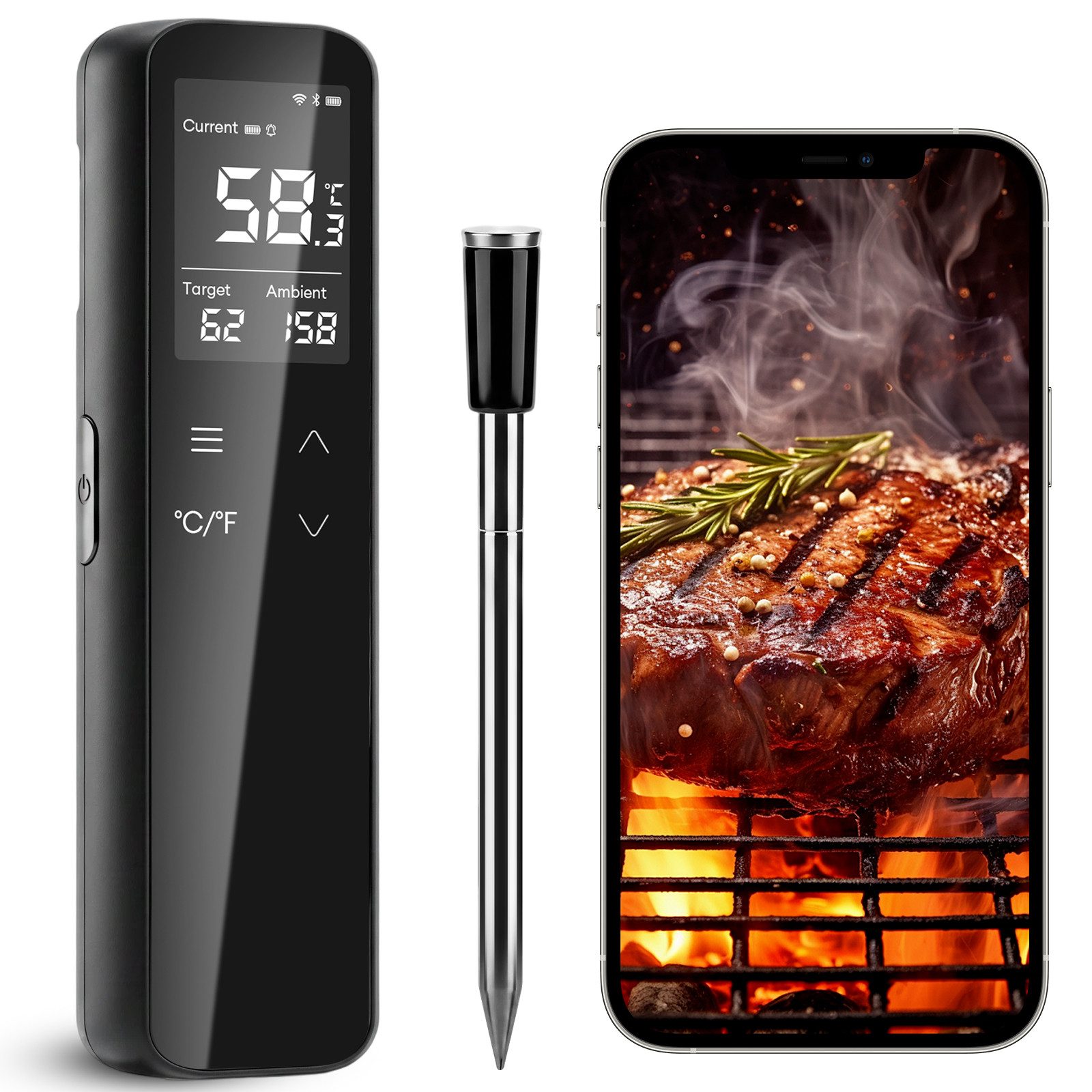 CkeyiN Bratenthermometer WiFi Bluetooth Fleischthermometer mit 6 Sensoren App-Steuerung 2600mAh, 1-tlg., Akku IP67 Wasserdicht Grillthermometer für Smoker, Grill, Ofen Küche
