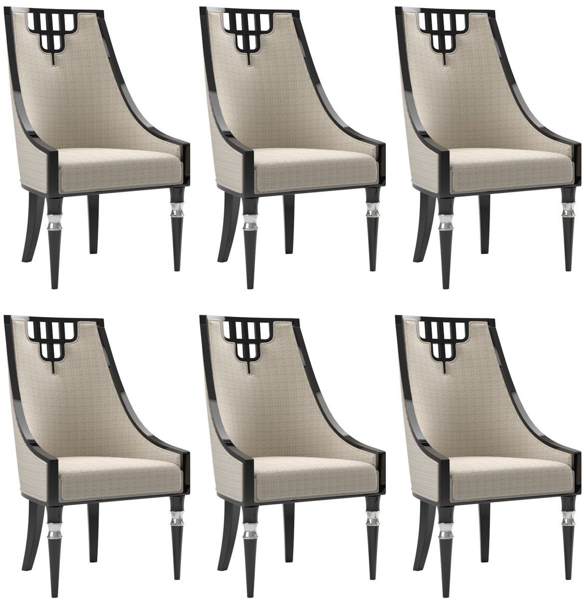 Casa Padrino Esszimmerstuhl Luxus Art Deco Esszimmer Stuhl Set Beige / Schwarz / Silber 55 x 55 x H. 105 cm - Edles Küchen Stühle 6er Set - Art Deco Esszimmer Möbel