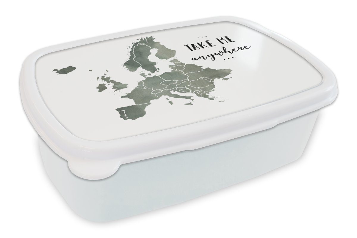 MuchoWow Lunchbox Karte von Europa - Grau - Zitat, Kunststoff, (2-tlg), Brotbox für Kinder und Erwachsene, Brotdose, für Jungs und Mädchen weiß