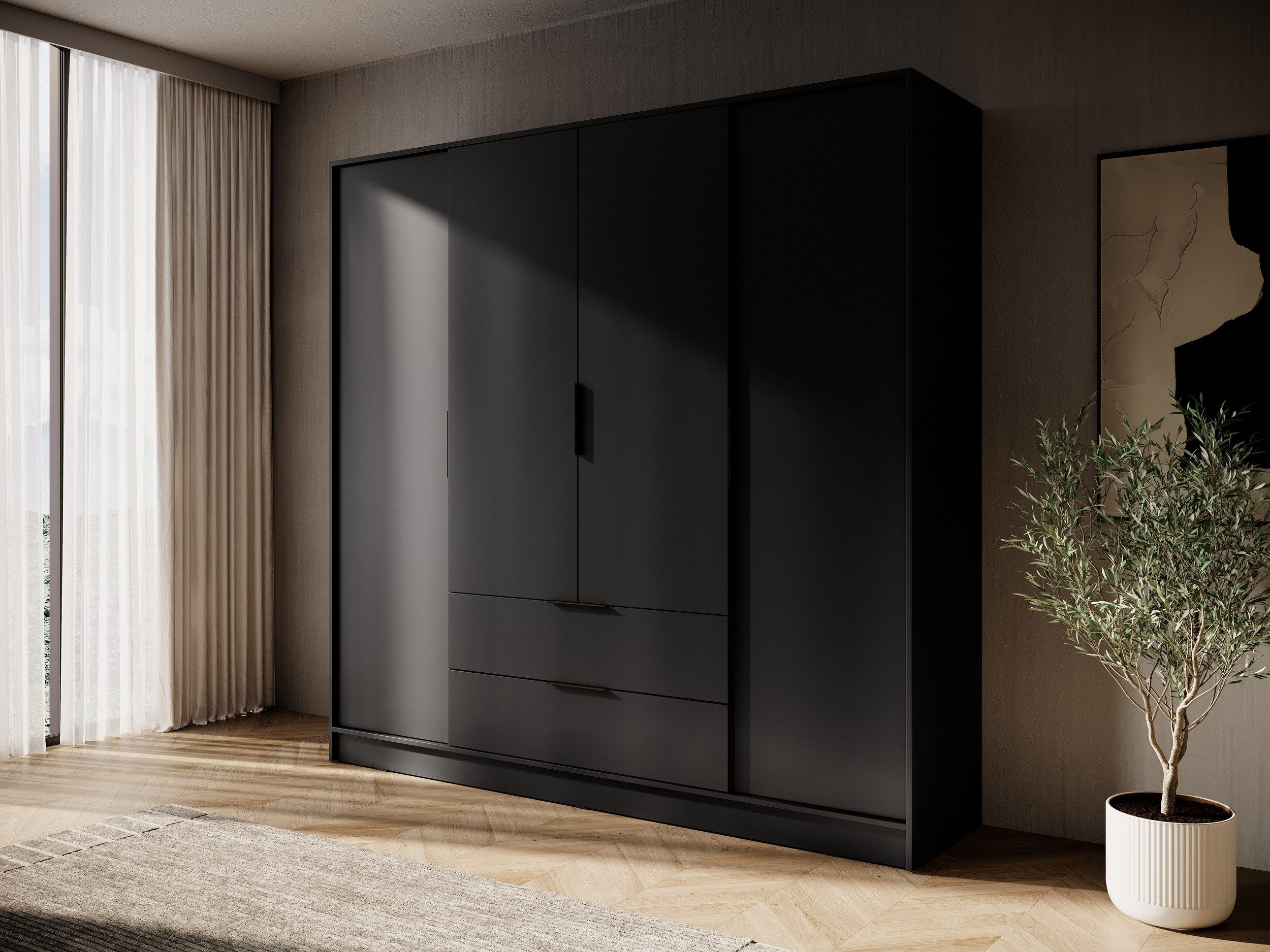 MOEBLO Drehtürenschrank SEVIA 200 (Moderner und funktionaler Schrank mit verstellbaren Regalen und Schubladen, Kleiderschrank 4-türig Schrank Garderobe Schlafzimmer mit/ohne Spiegel, mit/ohne Vitrinen - und Schubladen) (BxHxT): 206x200x51 cm