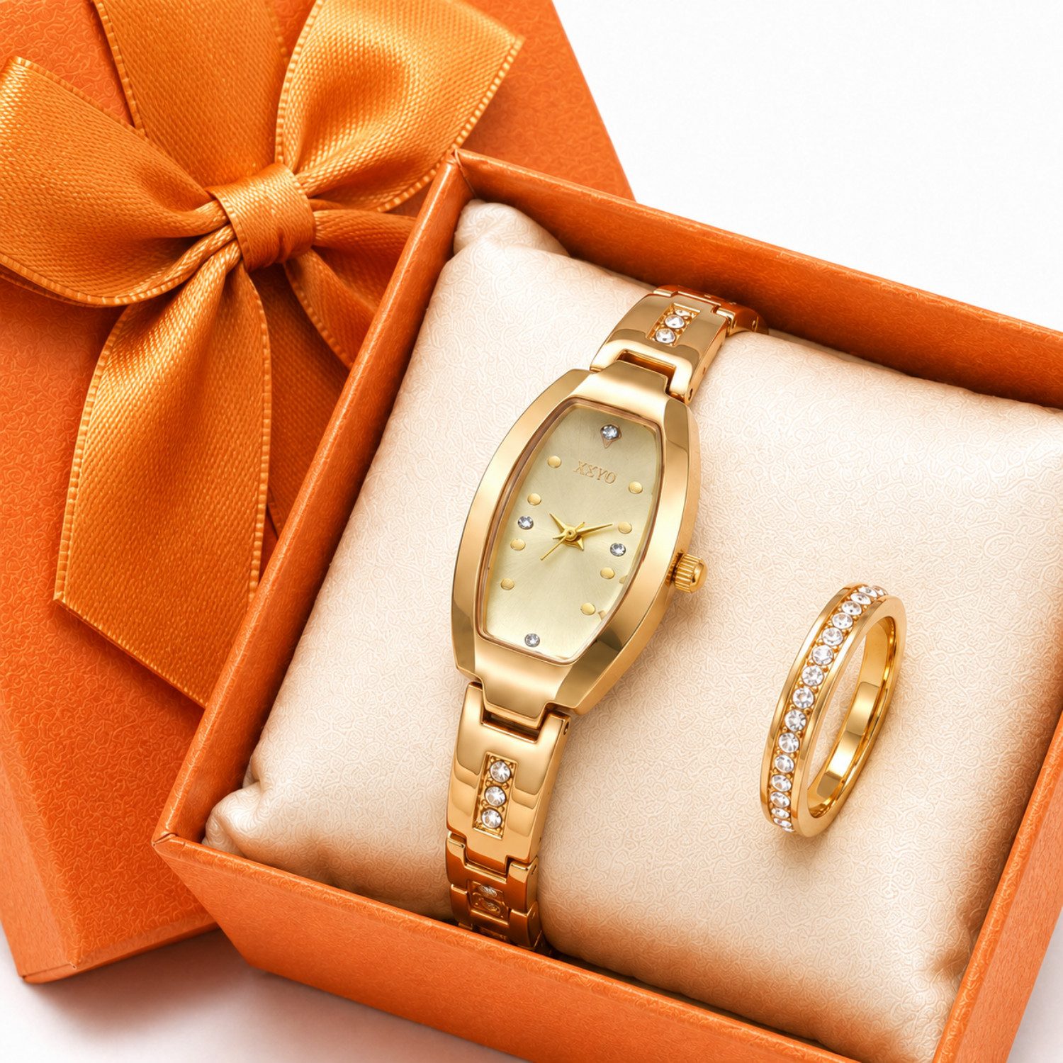 Fyrove Quarzuhr Geschenkset für Frauen, Damen Armbanduhr Set mit Damenring, (Elegante goldfarbene Quarzuhr, Weihnachtsgeschenk & Geburtstagsgeschenk, 2-tlg., Kostenloser Uhrenöffner)
