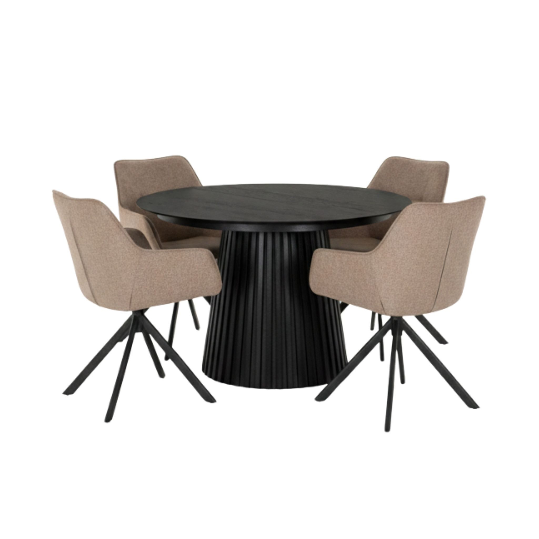 MR.DEKO Esszimmer-Set Essgruppe 4 Sessel San Carlo + Esstisch Eiche dunkel Andria rund 120cm, (5-St., 5-teiliges Esszimmer-Set mit Polstersesseln & Holztisch), Drehbare Komfortsessel in Braun & Esstisch aus Eichenholz